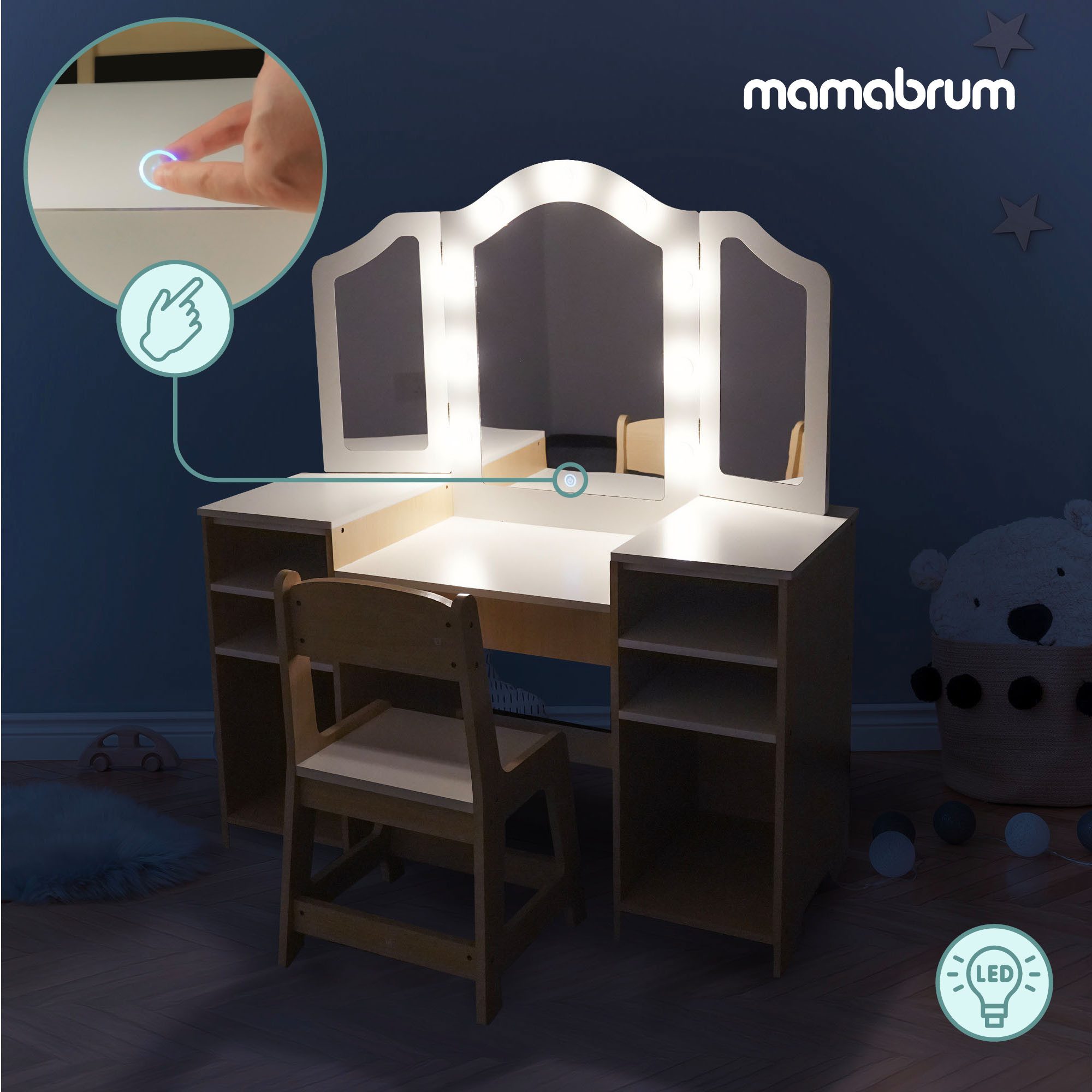 Mamabrum Schminktisch 2in1 Kinder-Schminktisch– LED-Licht, Spiegel & Stuhl, inkl. Zubehör – Bild 5 von 5