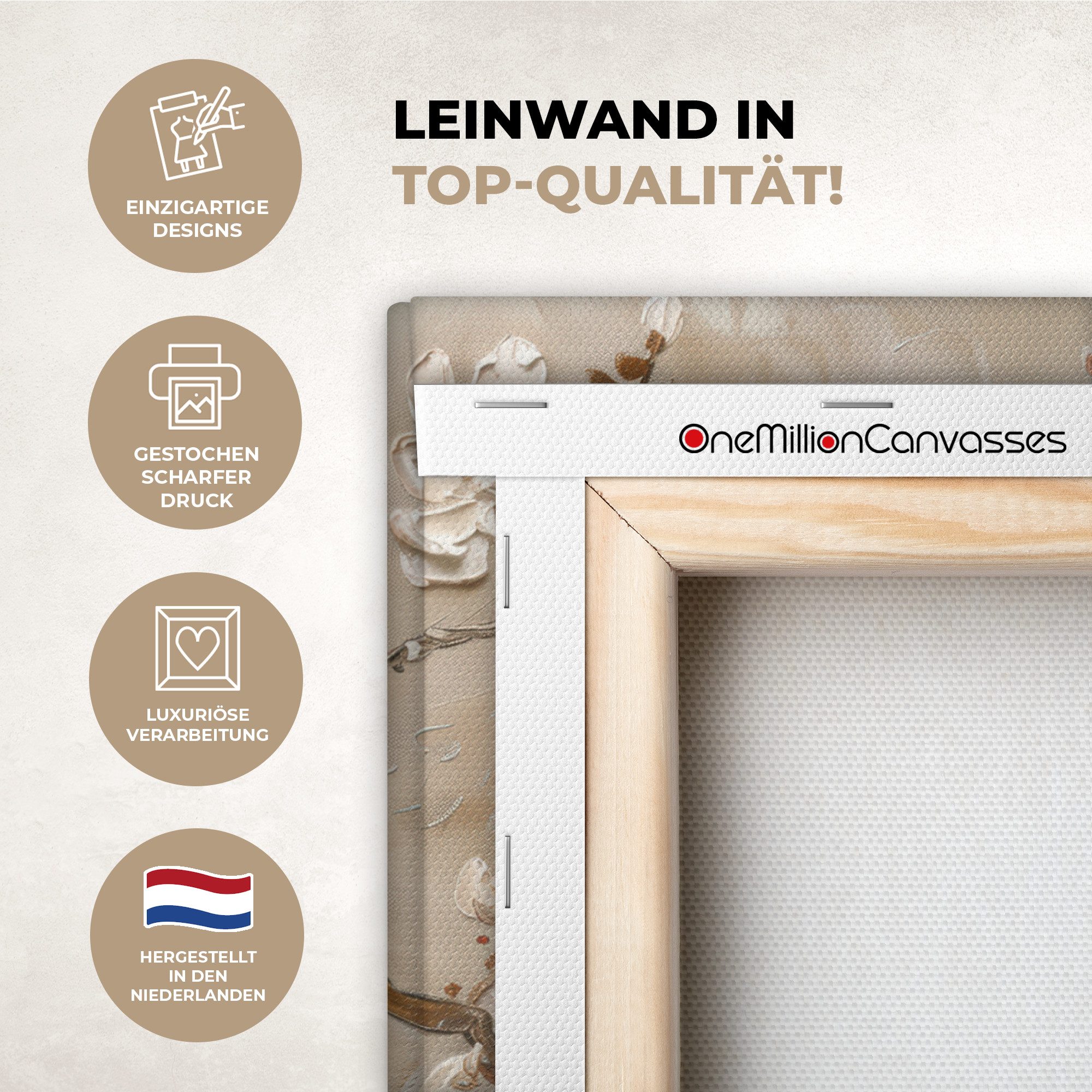 OneMillionCanvasses® Leinwandbild Blumen - Modern - Beige - Weiß - Blüte, Fotodruck (1 St), Wandbild Leinwandbilder, Aufhängefertig, Wanddeko 40x30 cm