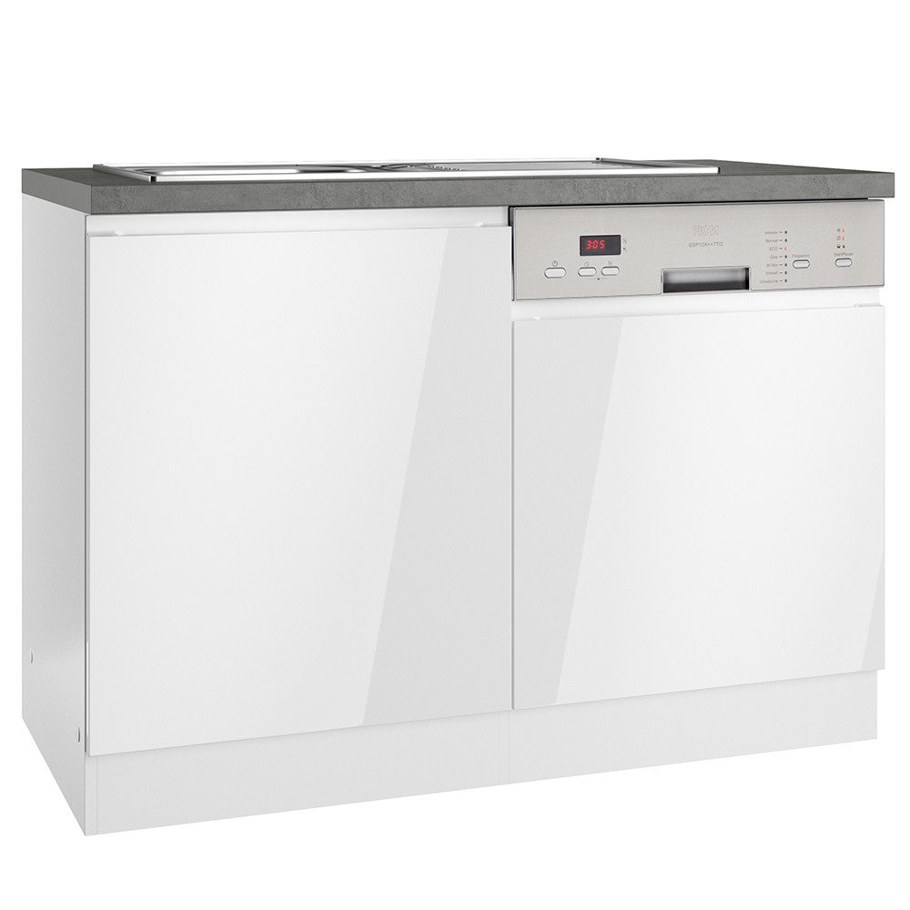 Lomadox Küchenzeile MARSEILLE-03, Spülenschrank für Geschirrspüler, 120cm, weiß Hochglanz & Betonoptik