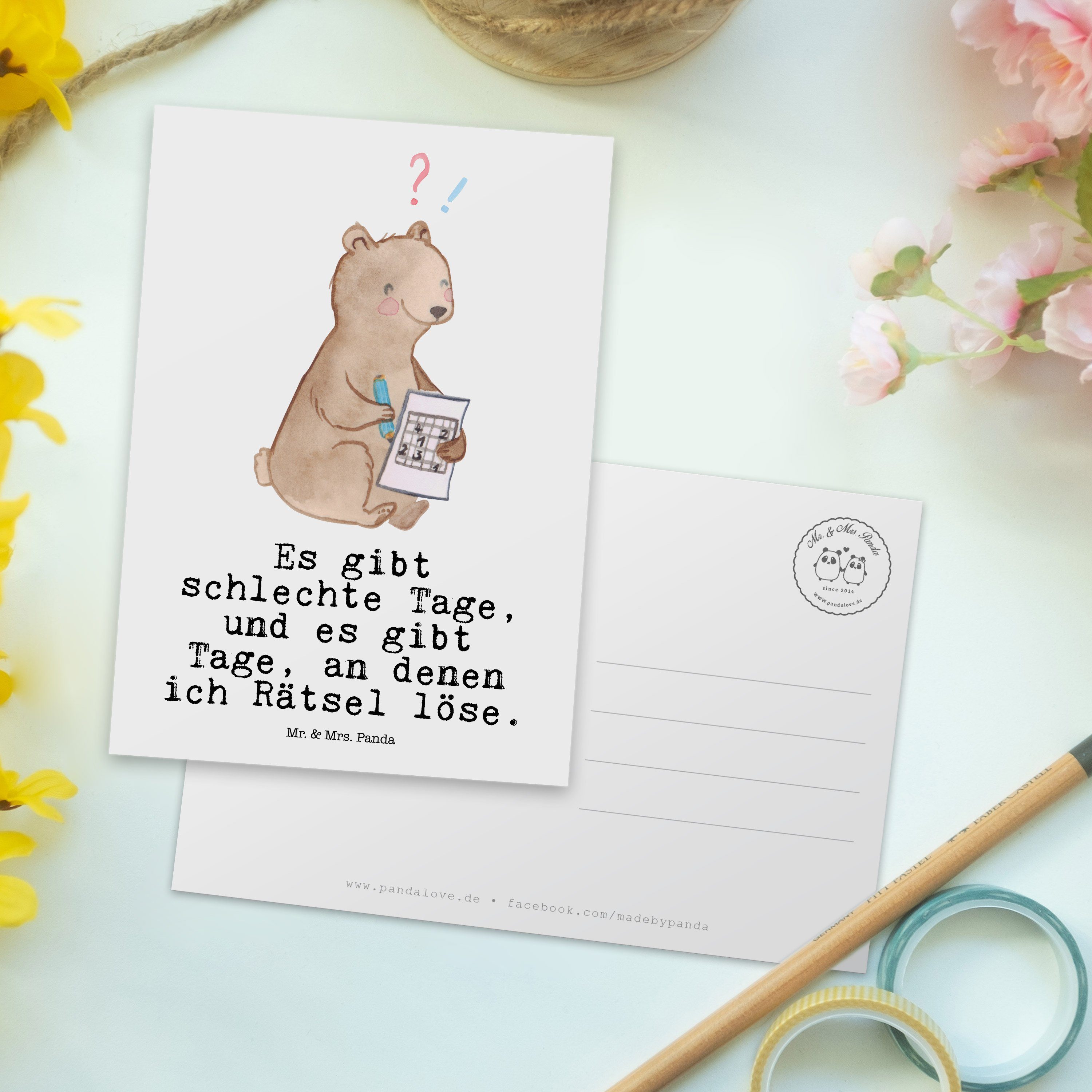 Panda - Bär Schenken Mrs. Rätsel lösen Postkarte Weiß Mr. Tage & Geschenk, Geburtstagskarte, -