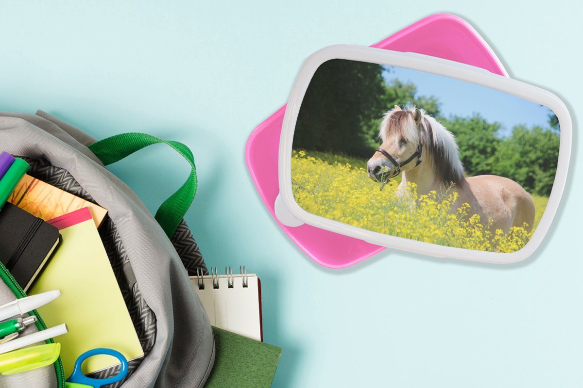 Snackbox, - Blumen Brotbox - Erwachsene, Kunststoff, rosa Brotdose für (2-tlg), Mädchen, Kunststoff Lunchbox Pferd Gelb, Kinder, MuchoWow