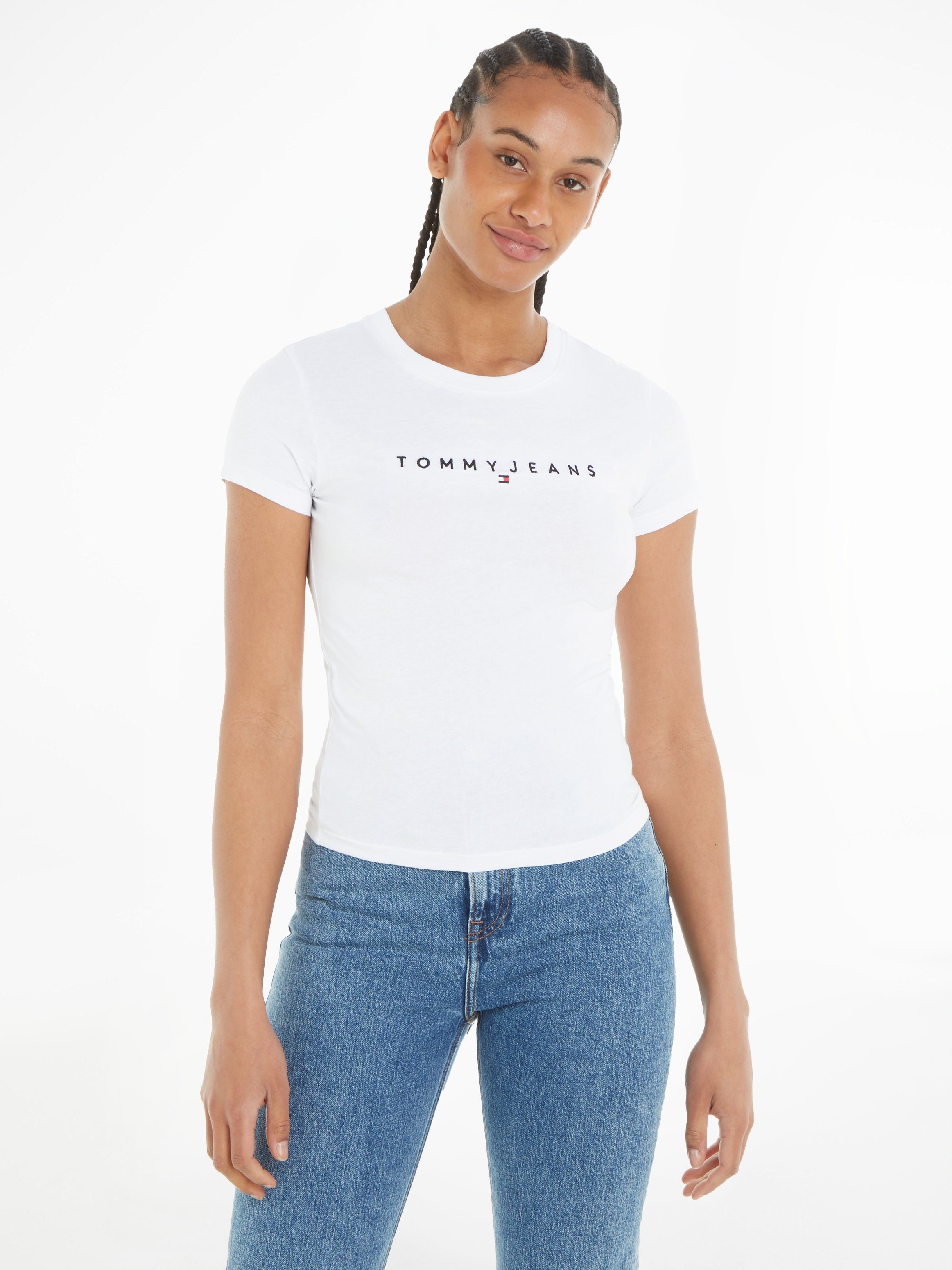 Tommy Jeans T-Shirt Linear Logo Tee Slim Logostickerei mit Shirt