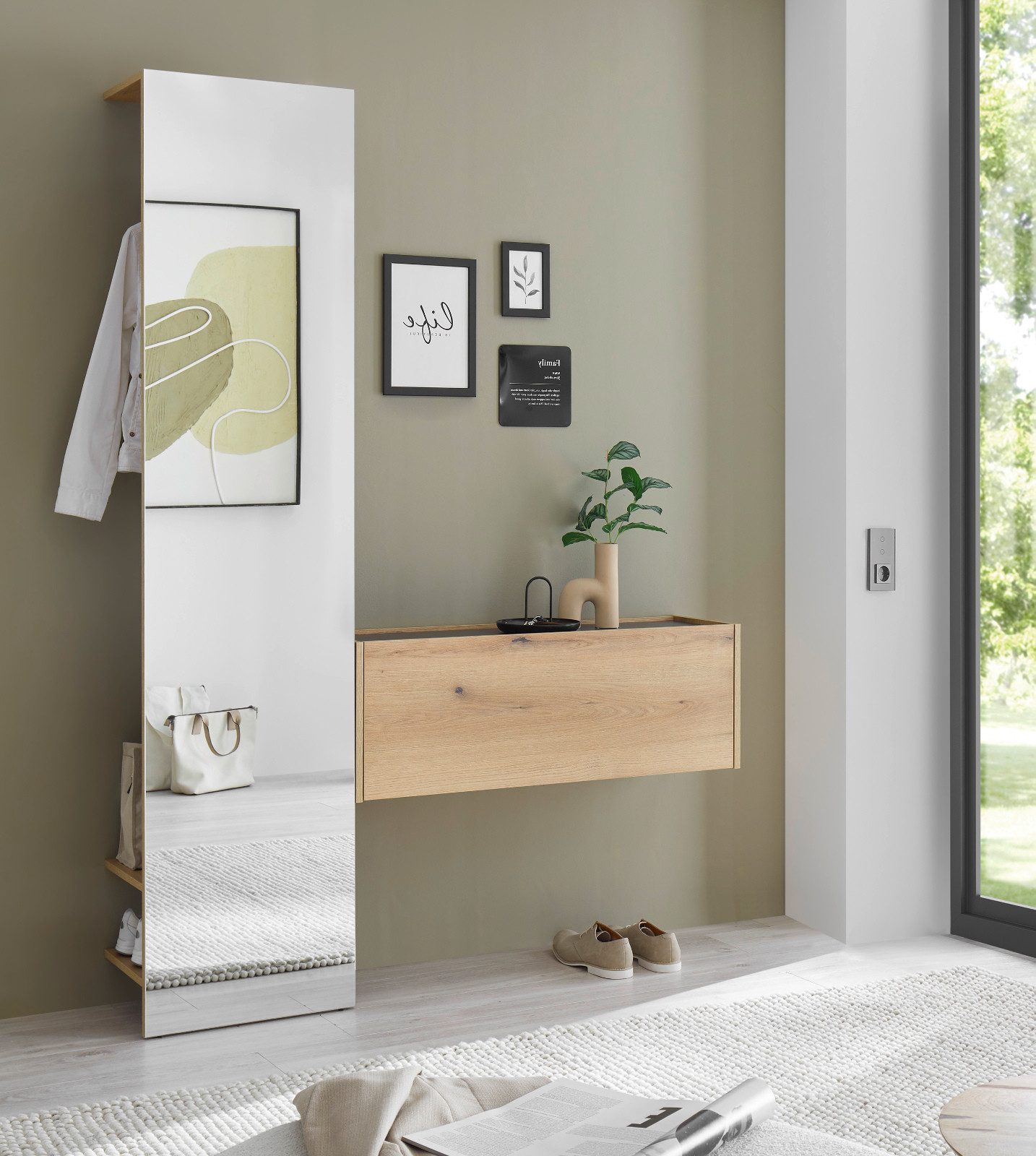 Furn.Design Garderoben-Set Center, (Flurgarderobe in Eiche mit Grau, 2-teilig, 150 x 200 cm), mit Kleiderstange und großer Spiegelfront
