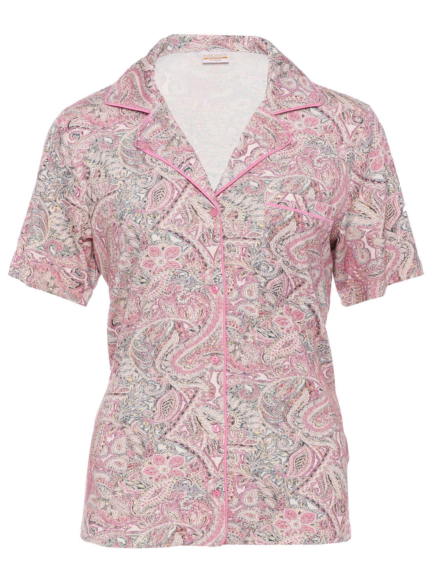 & 2-teilig) floraler Shape Optik Hemdbluse Shorty Pyjama Pure elastisch mit (Set,