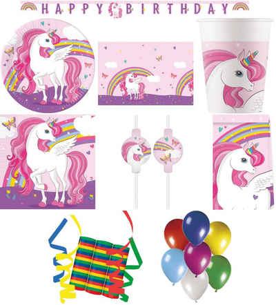 Procos Einweggeschirr-Set 158-tlg Set Kindergeburtstag Party Feier Deko Motto Regenbogen Einhorn (158-tlg), 8 Personen, Pappe