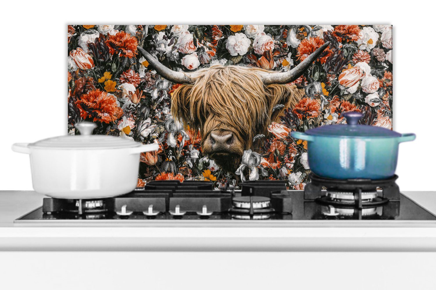 MuchoWow Küchenrückwand Schottischer Highlander Küchen - Regenbogen, - Fett und 60x30 cm, Schmutzflecken (1-tlg), Wandschutz, für gegen Blumen