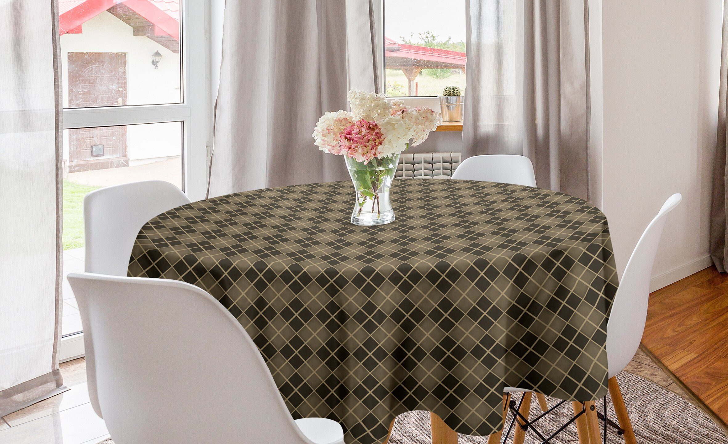 Abakuhaus Tischdecke Kreis Tischdecke Abdeckung für Esszimmer Küche Dekoration, Brown Plaid Bicolor und Geometrisches