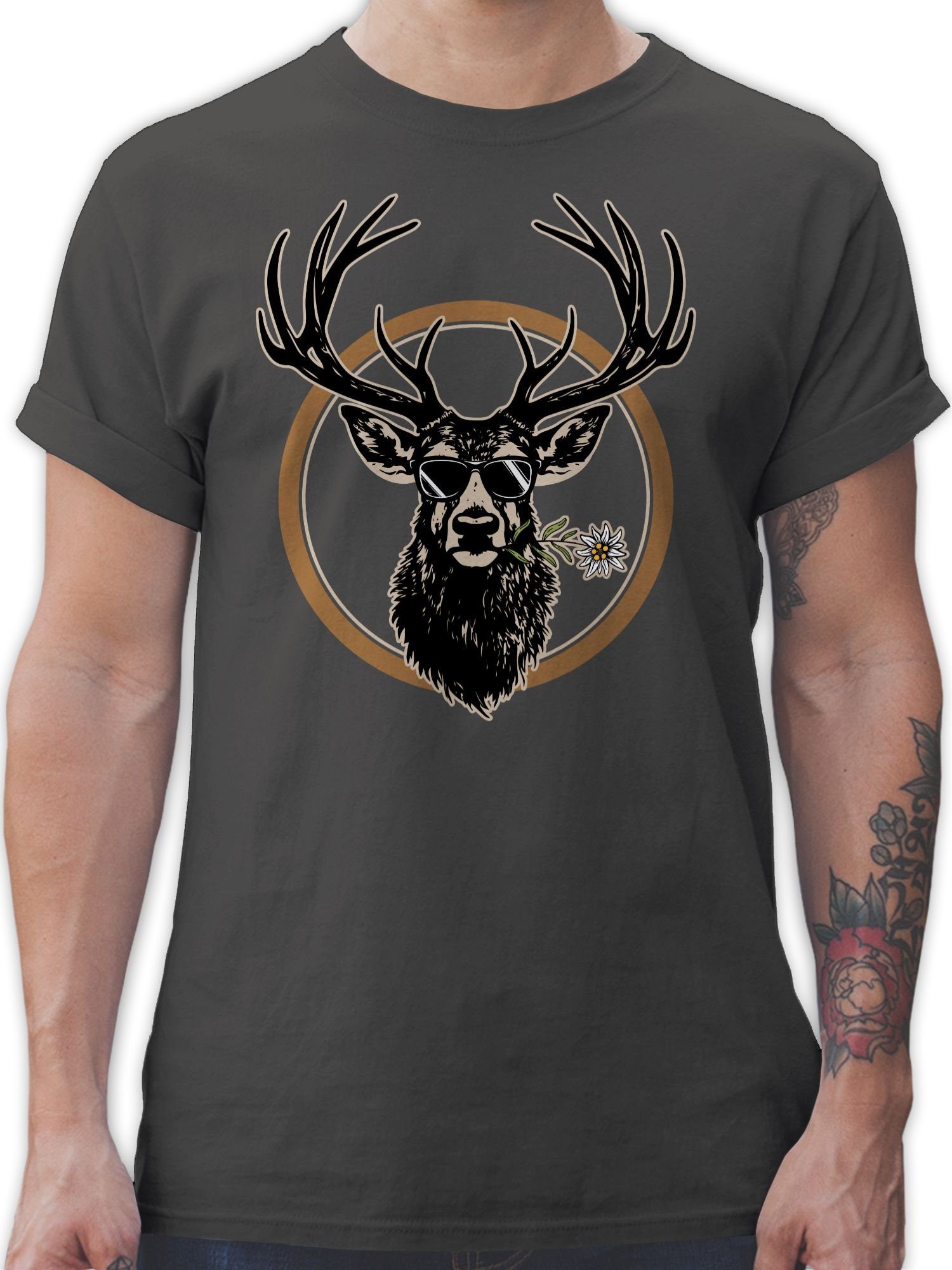 Shirtracer T-Shirt Cooler Hirsch Hirschgeweih Jäger Mode für Oktoberfest Herren 01 Dunkelgrau