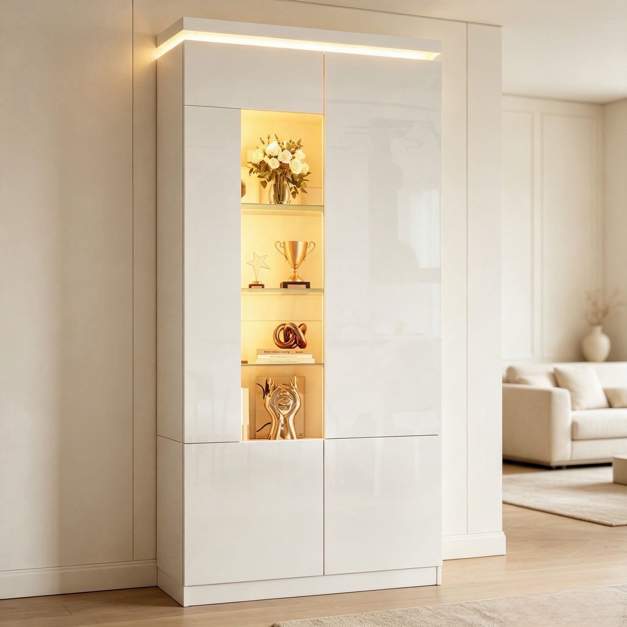 Merax Standvitrine mit LED-Beleuchtung, Hochschrank mit Hochglanzfront,Acryl-Sichtfenster (1-St) Vitrine mit 4 Türen, 6 Einlegeböden und 10 Staufächern, 80x35x180cm