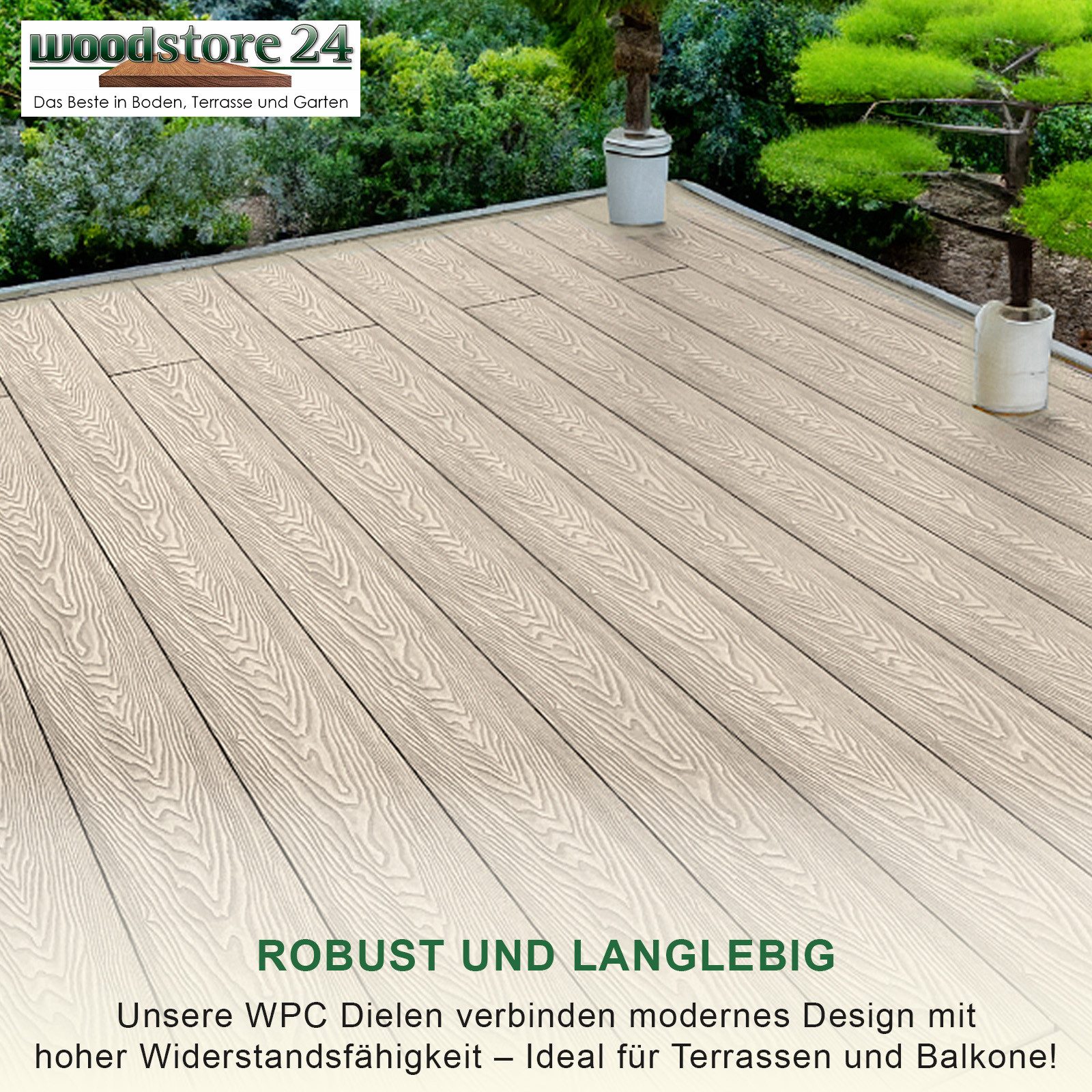 Woodstore24 Terrassendielen WPC Hohlkammerdiele 25 mm 3D-Holzoptik hellgrau, 5-Kammer, geriffelt, 5 m², BxL: je 14,5x240 cm, 25 mm Stärke, (Set, 14-St., Bodenbelag Komplettset mit Unterkonstruktion), Komplettset, Unterkonstruktion, Holzoptik, wetterfest, rutschfest
