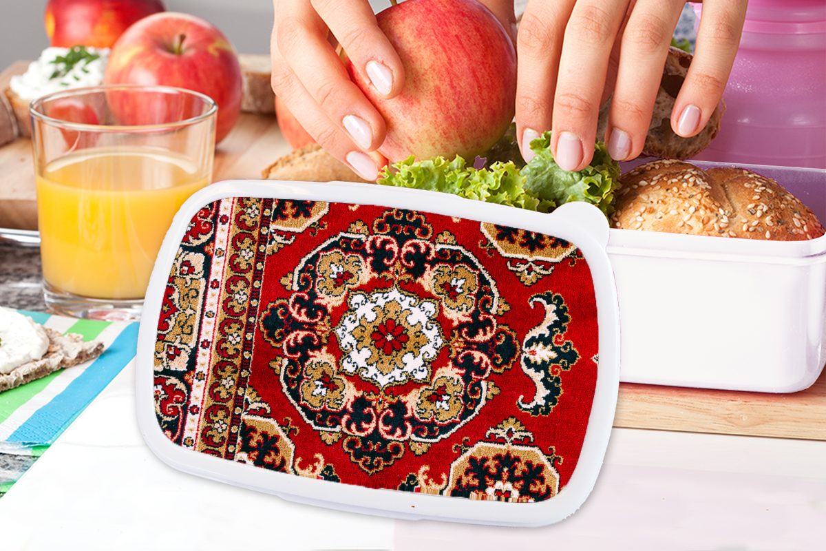 weiß Rot, Mädchen und MuchoWow Brotbox Brotdose, und - - Erwachsene, für für Persischer Teppiche Lunchbox Kunststoff, (2-tlg), Teppich Jungs Kinder