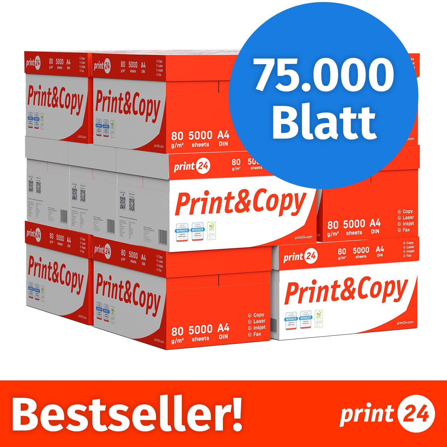 print24 Drucker- und Kopierpapier Kopierpapier 75000 Blatt A4 80g Premium Weiß PEFC zertifiziert, PEFC-Zertifikat (GFA-PEFC-COC-500582)