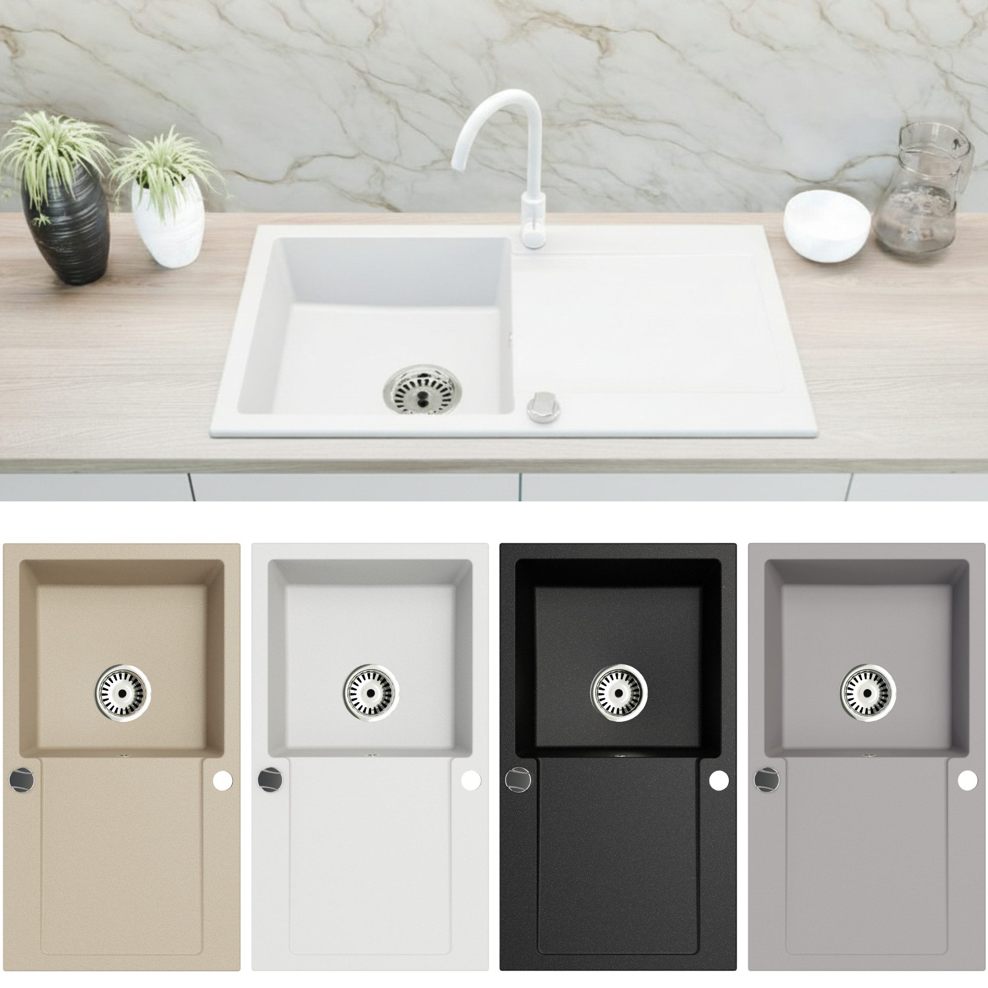 Faizee Home Granitspüle Faizee Home Granitspüle 90x50 cm, eckig, mit Abtropffläche & Siphon