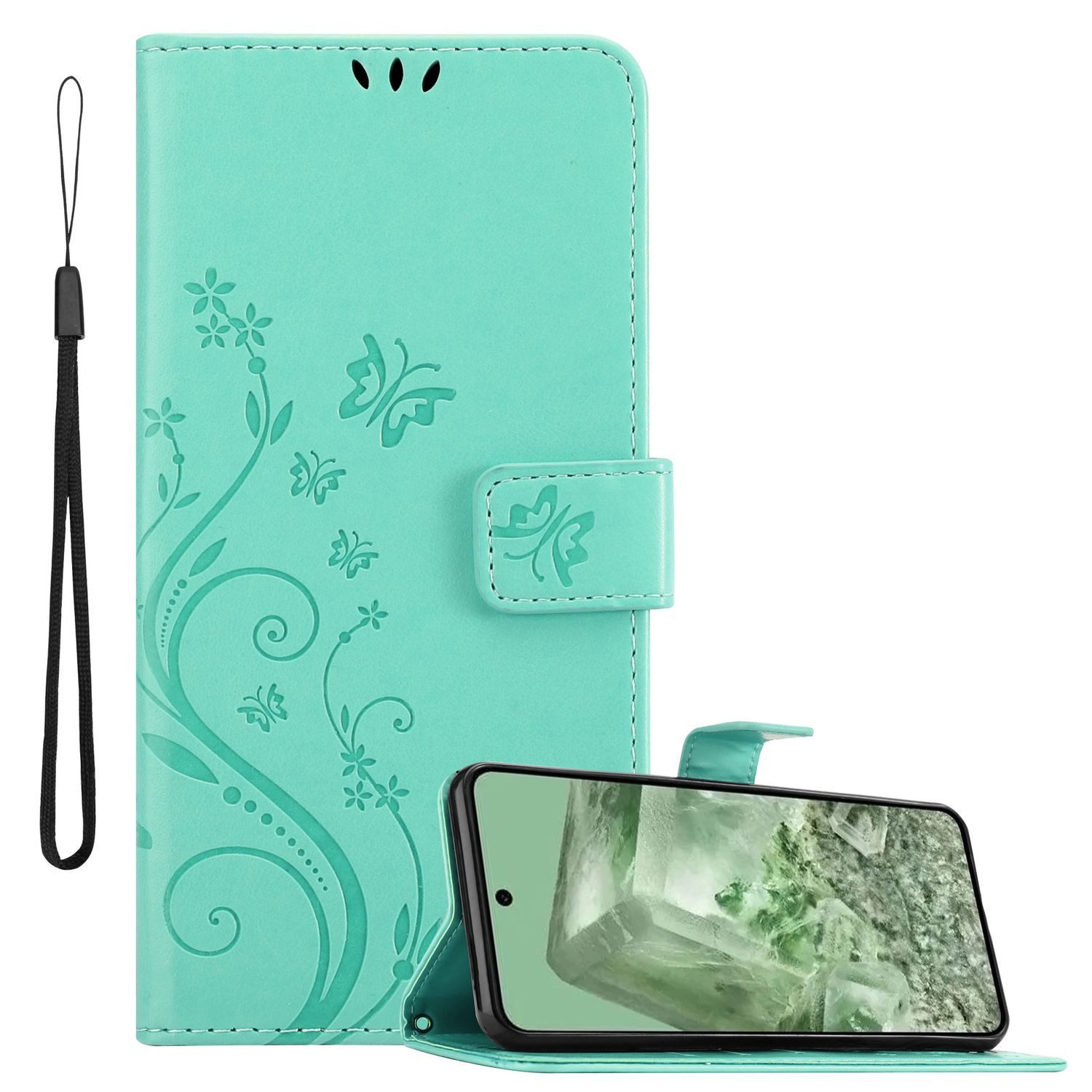 Cadorabo Handyhülle für Google Pixel 8 Hülle Google Pixel 8, Hülle Schutzhülle Blumen Flower mit Standfunktion Kartenfach Magnet