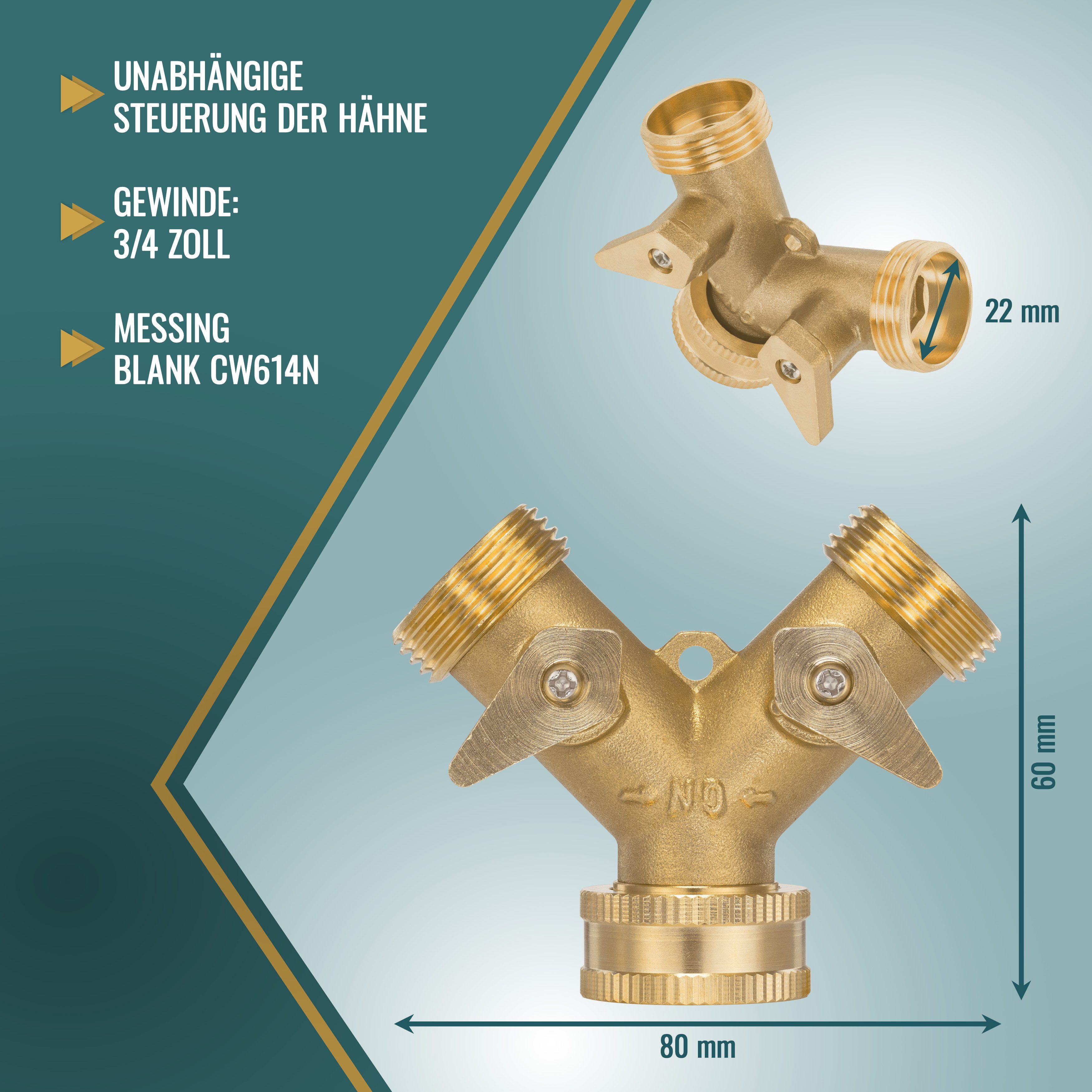 Poppstar 2-Wege Verteiler Verteiler 3/4 Zoll für Wasser aus Messing, (2 Auslaufventile einzeln regulierbar), für Wasserhahn, Waschmaschine, Küche & Garten