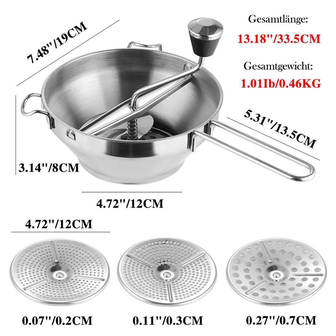 MC Star Passiersieb Passiergerät aus Edelstahl mit 3X Siebeinsatz passiermühle für Suppe, Edelstahl