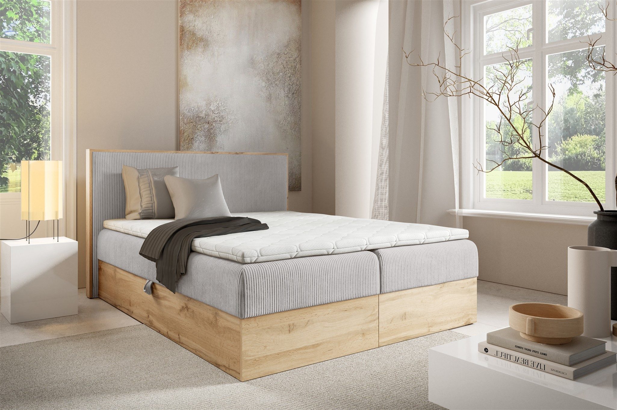 Fun Möbel Boxbett Bett Schlafzimmerbett ROLAND PREMIUM Überlänge in Stoff Lincoln (mit Taschenfederkernmatratze), inkl. Bettkästen