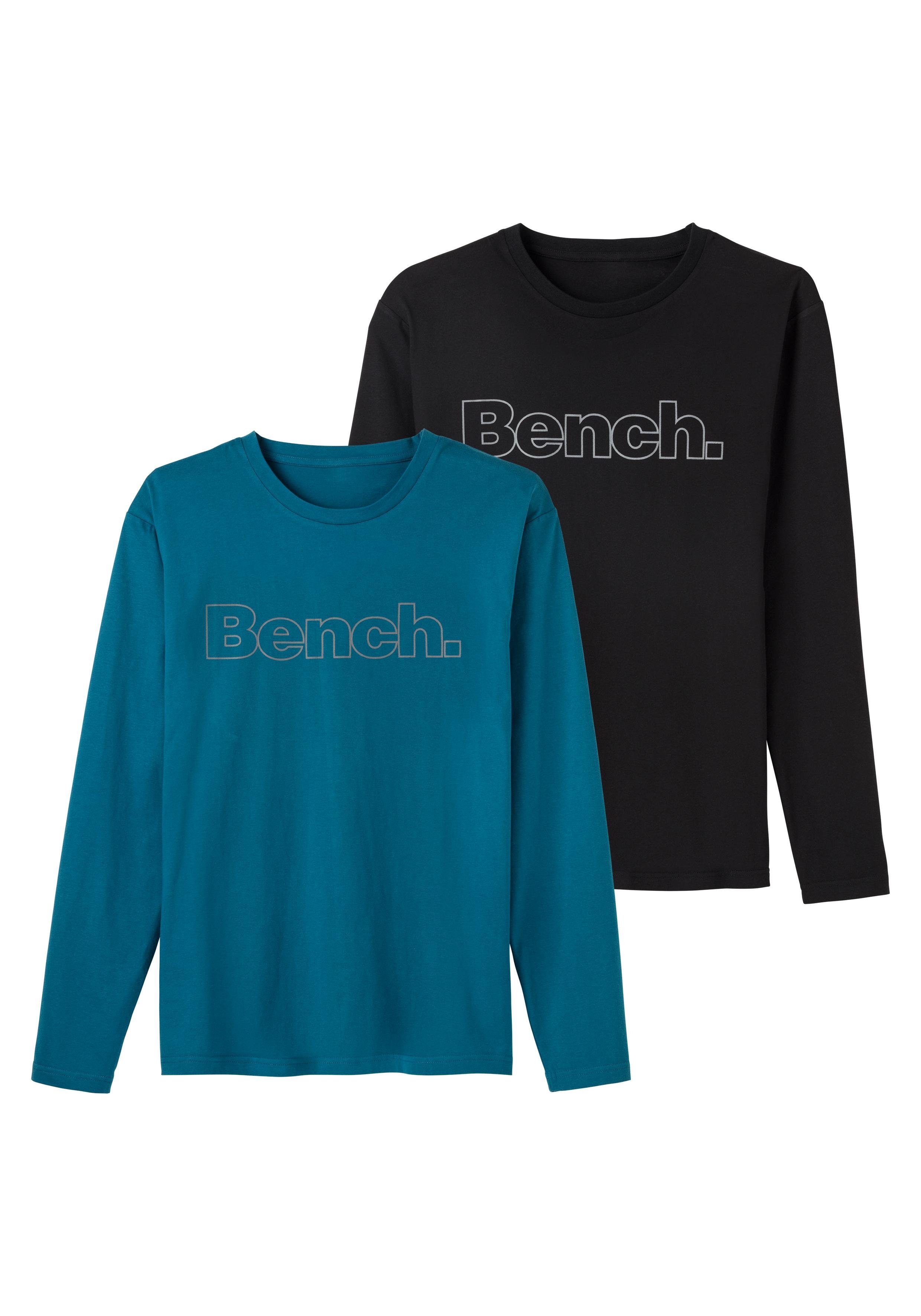 Bench. Loungewear Langarmshirt Print schwarz Bench. petrol, (2-tlg) mit vorn