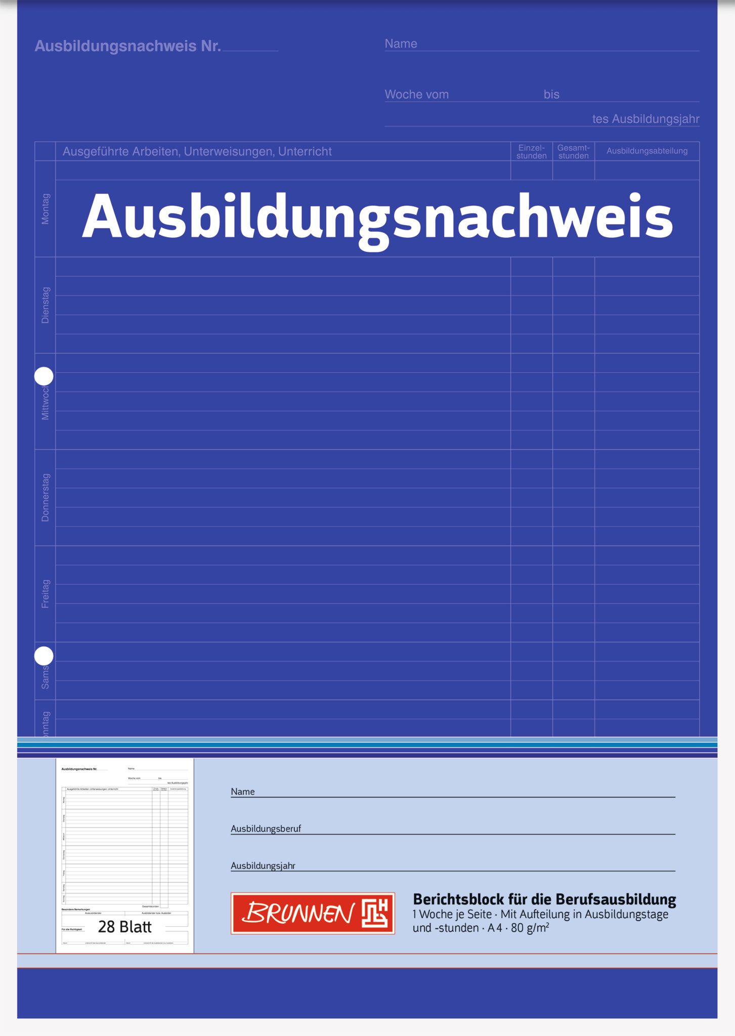 BRUNNEN Formularblock Ausbildungsnachweisblock A4 1 Woche je Seite unterteilt in Ausbildungs – Bild 2 von 4