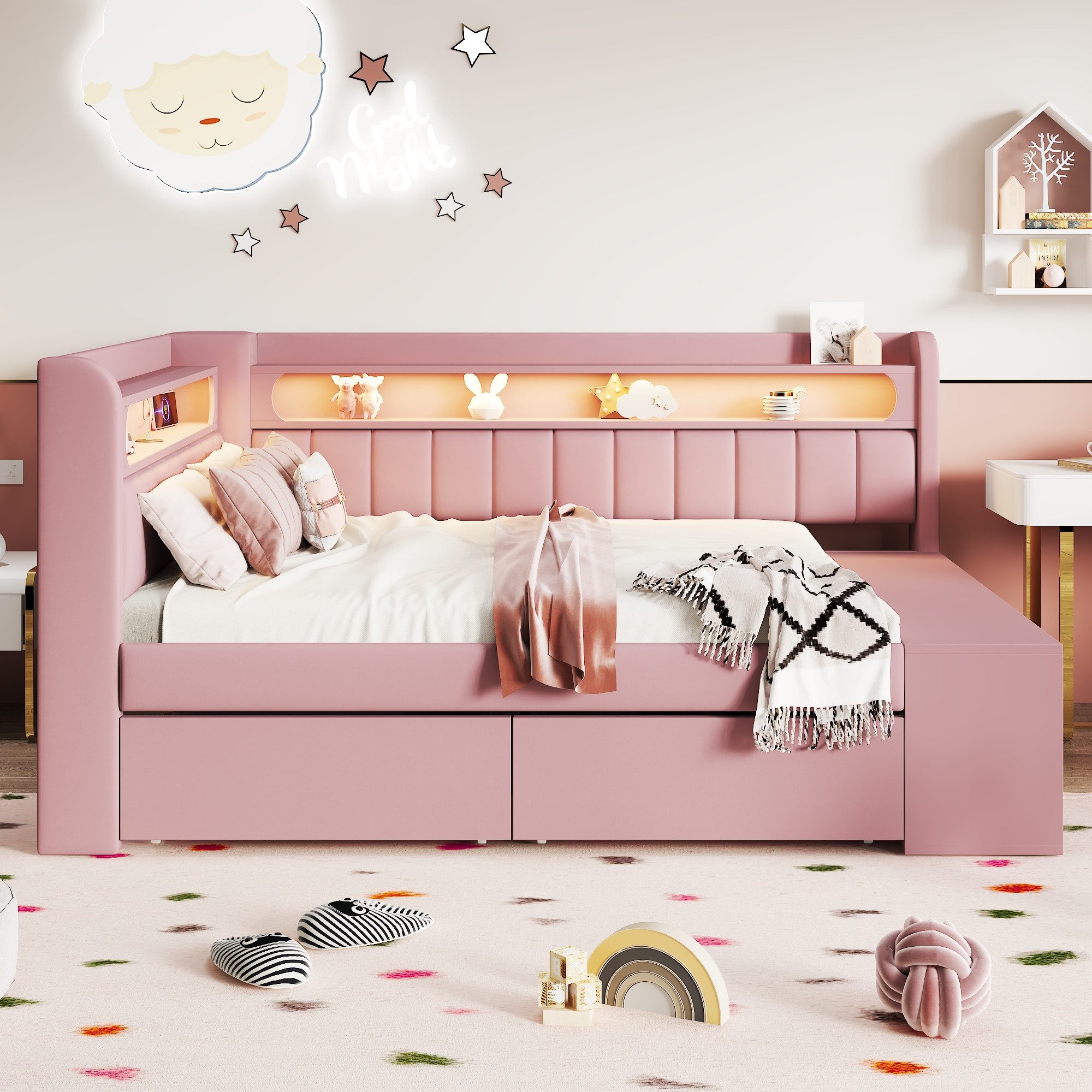 Merax Daybett 90x200cm mit USB-Anschluss & LED-Lichtleiste (Jugendbett Einzelbett Kinderbett, 1 tlg), Schlafsofa Tagesbett mit Schuhschrank, 2 Schubladen & Abla – Bild 3 von 5
