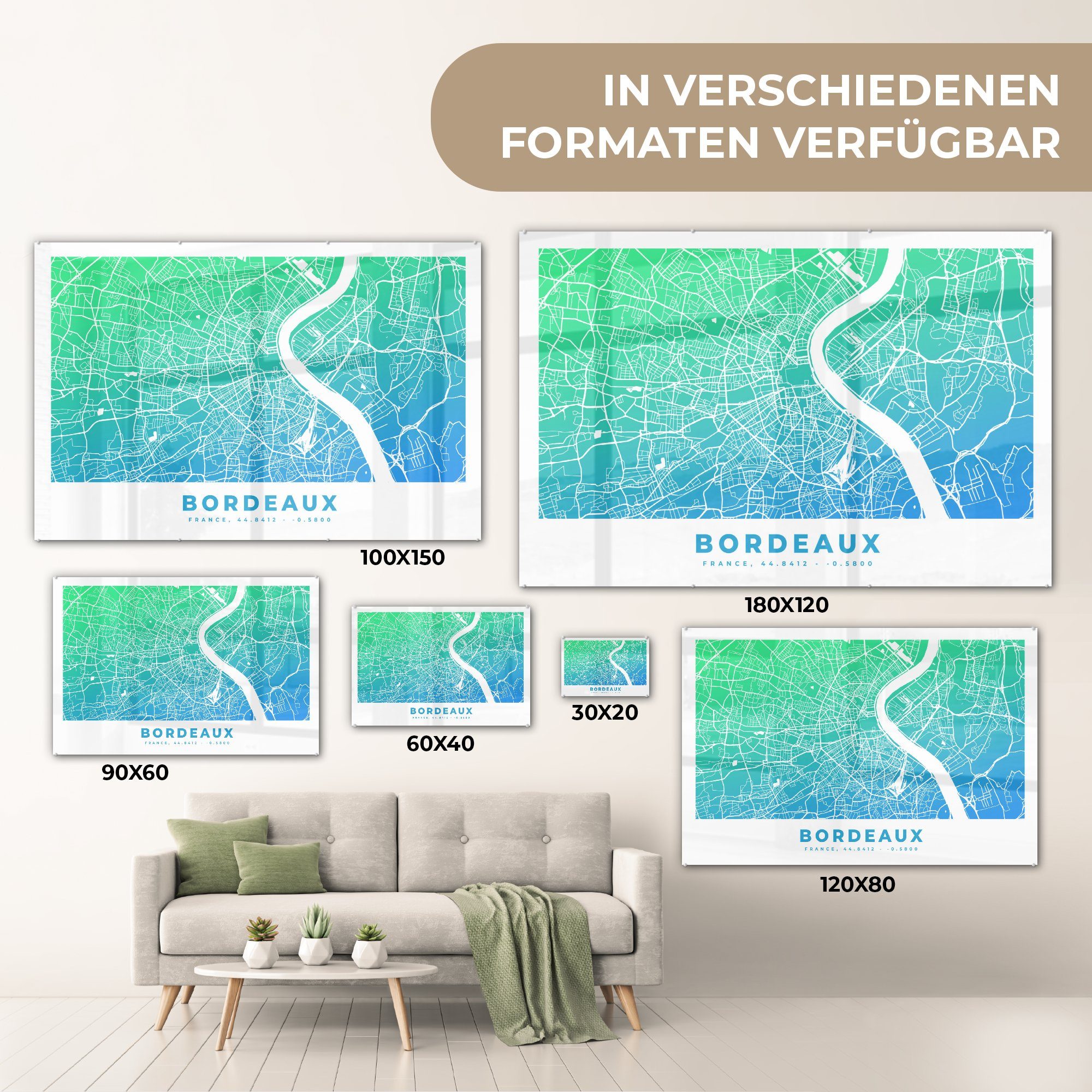 - Schlafzimmer & MuchoWow Acrylglasbilder Wohnzimmer St), Frankreich - Acrylglasbild Stadtplan, (1 Bordeaux