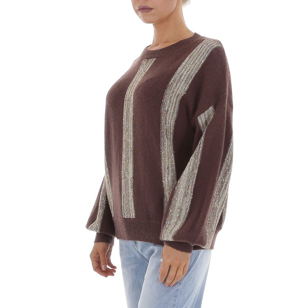 Ital-Design Strickpullover Damen Freizeit (81561300) Glitzer Gestreift Stretch Strickpullover in Braun