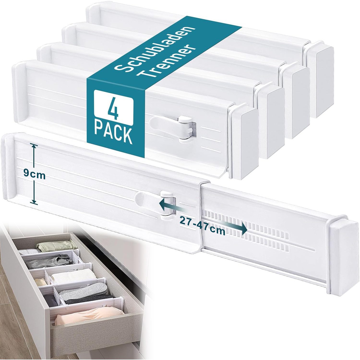 Refined Living Schubladeneinsatz 4-tlg Schubladentrenner Verstellbar 27–47cm, 9cm Hoch Schubladenteiler (Schubladen Organizer Erweiterbarer Küchenschubladen-Organizer Weiß, 4 St., Schubkasteneinsatz Organizer Schubade für Küche, Kommode, Schlafzimmer), Organizer Ordnungssystem für  Unterwäsche, Kleidung Kleiderschränke