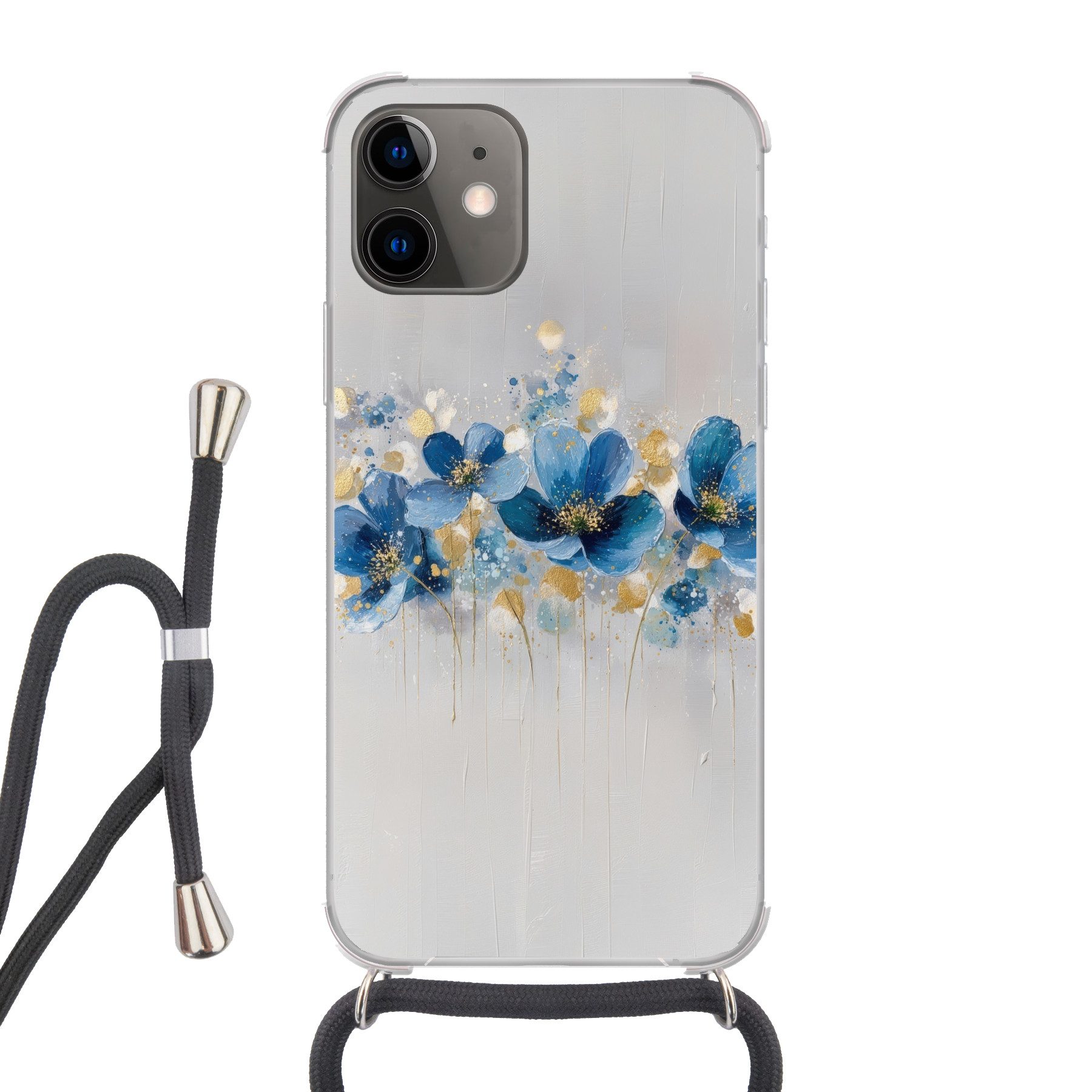 MuchoWow Handyhülle für Apple iPhone 11 Blumen - Blau - Abstrakt, Tragbare Handyhüllen mit Kette zum umhängen, Handykette Handyband