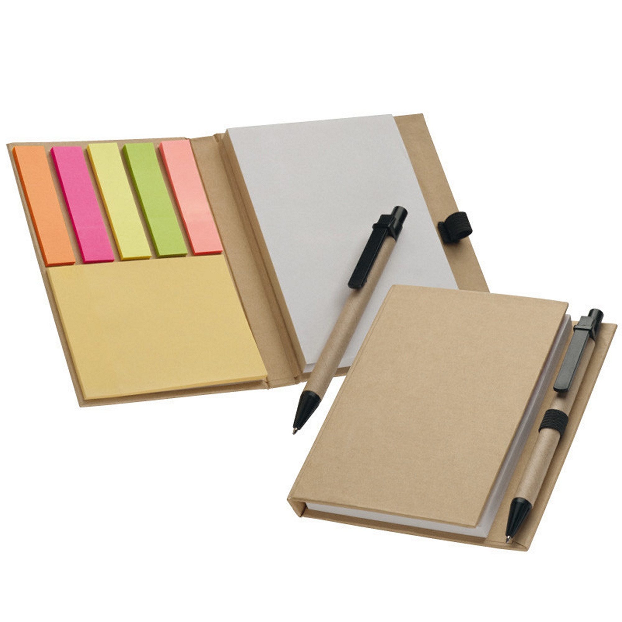 Easy Gifts Notizbuch Notizbuch mit 200 Blankoseiten + Haftnotizen + Markierstreifen + Kugel