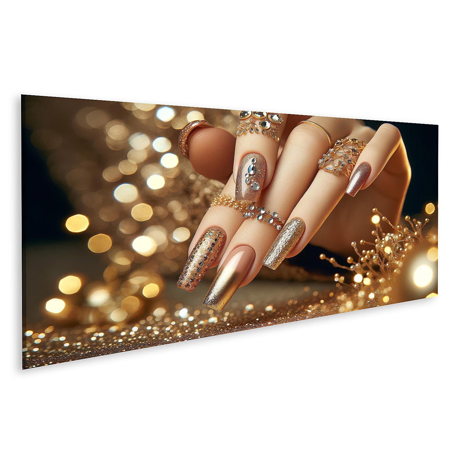 Leinwandbild Glitzernde Goldpracht Maniküre mit Juwelen Veredelt Nagelstudio Beauty