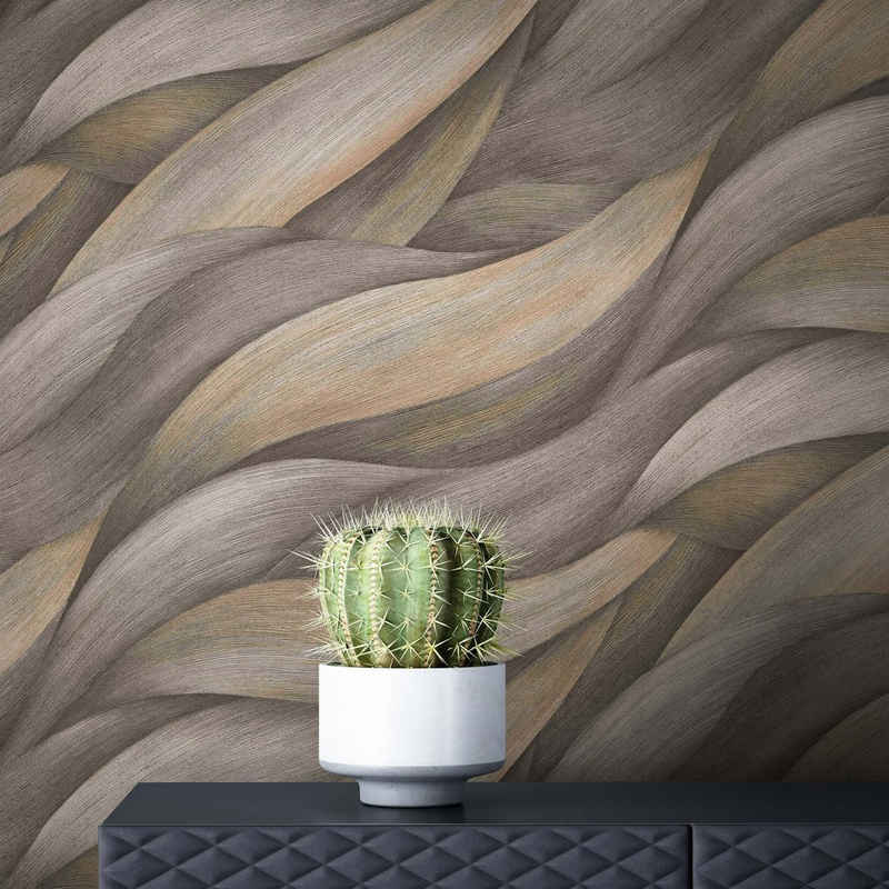 Newroom Vliestapete, Braun Tapete Modern Blätter - Mustertapete Taupe Schwarz Abstrakt Wellen Muster für Wohnzimmer Schlafzimmer Küche