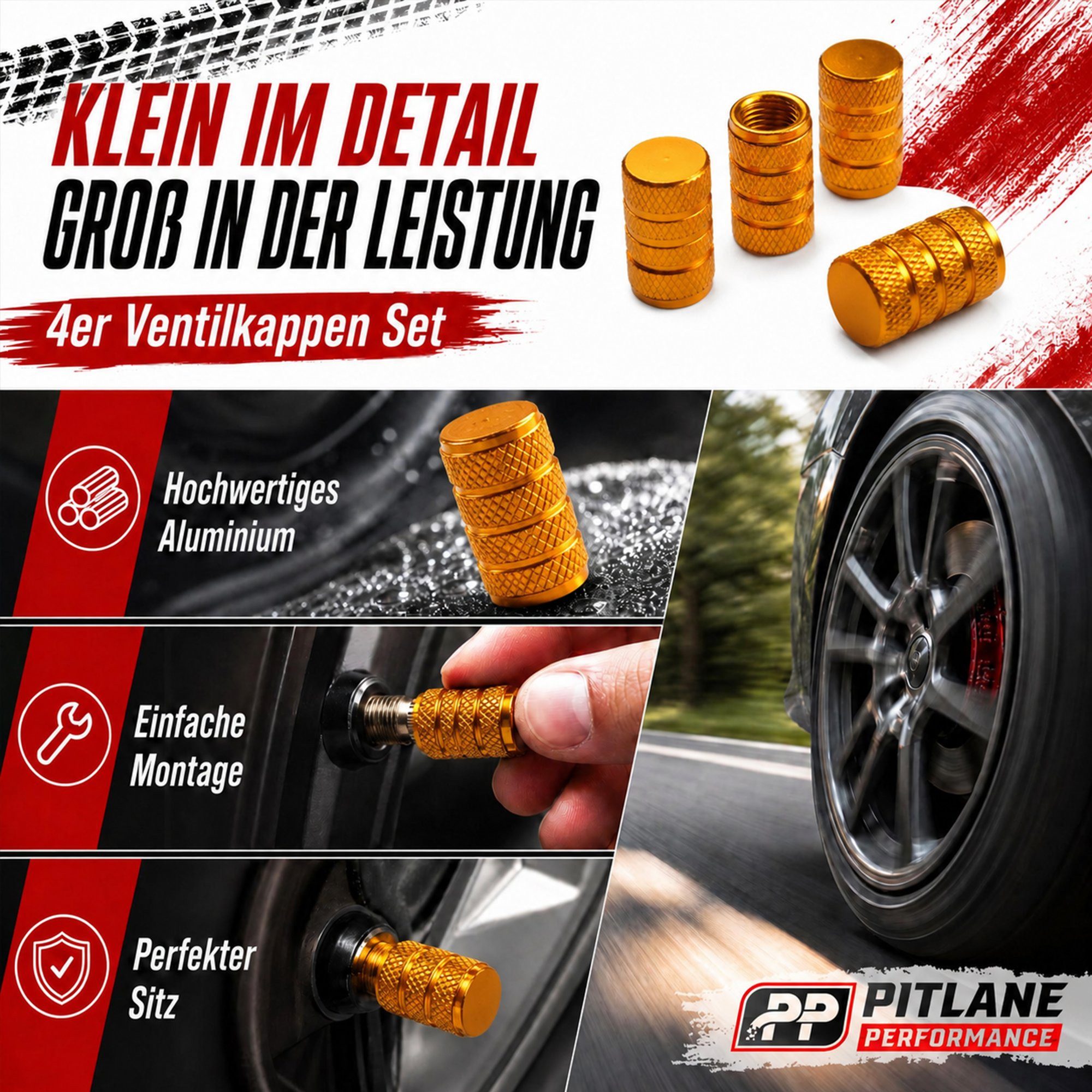 Pitlane Performance Ventilkappe Alu-Ventilkappen für Schrader-Ventile, (Ventilkappen-Set, 4-St., 4 Stück aus Aluminium), Korrosionsschutz und innenliegende Dich – Bild 4 von 5