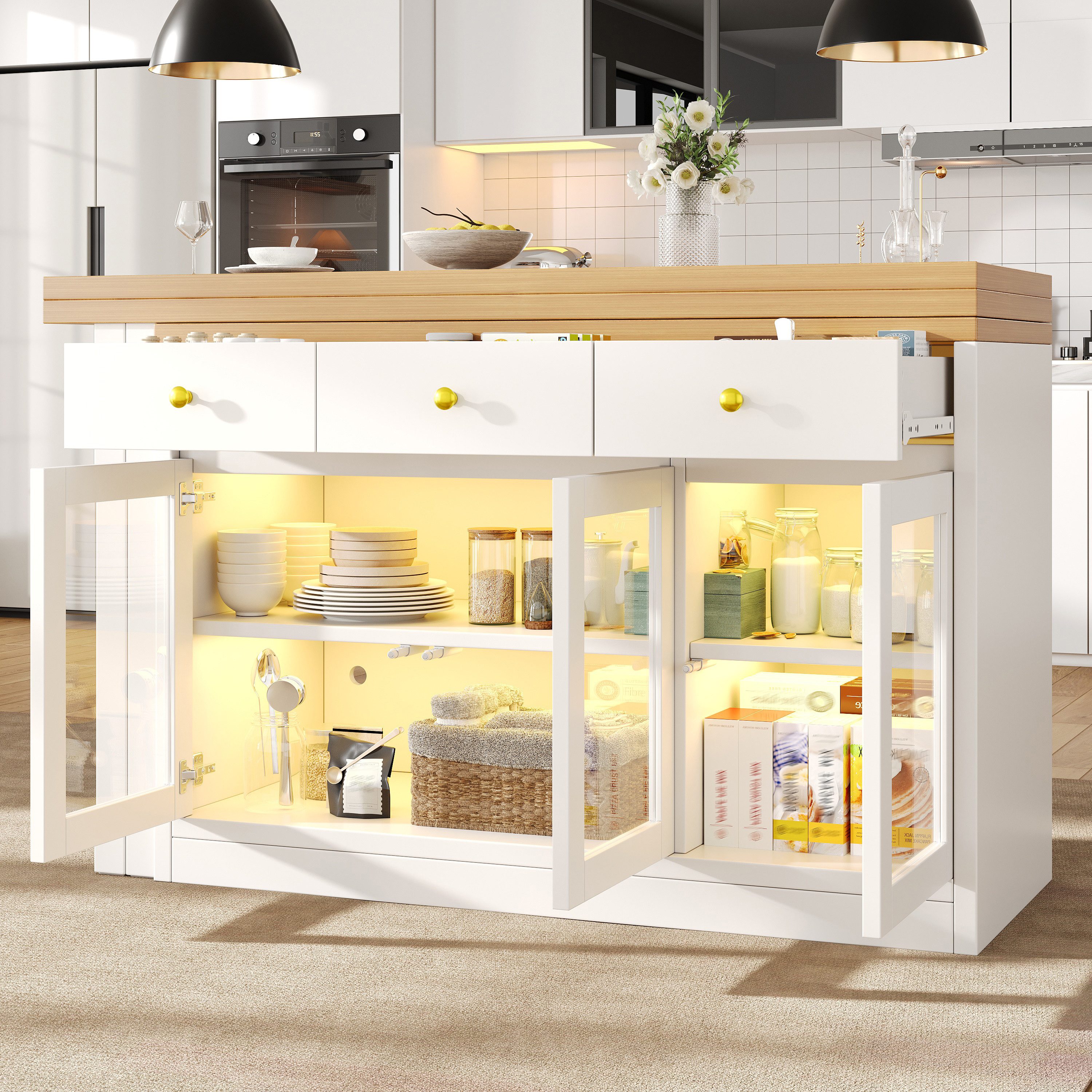 Flieks Kücheninsel Küchenschrank mit 360° drehbarer und klappbarer Arbeitstisch, (Holzoptik Tischplatte Tiefe 40-80cm, Längenverstellbar 120-200cm), ausziehbarer Esstisch & Mehrzweckschrank mit Led-Beleuchtung Weiß