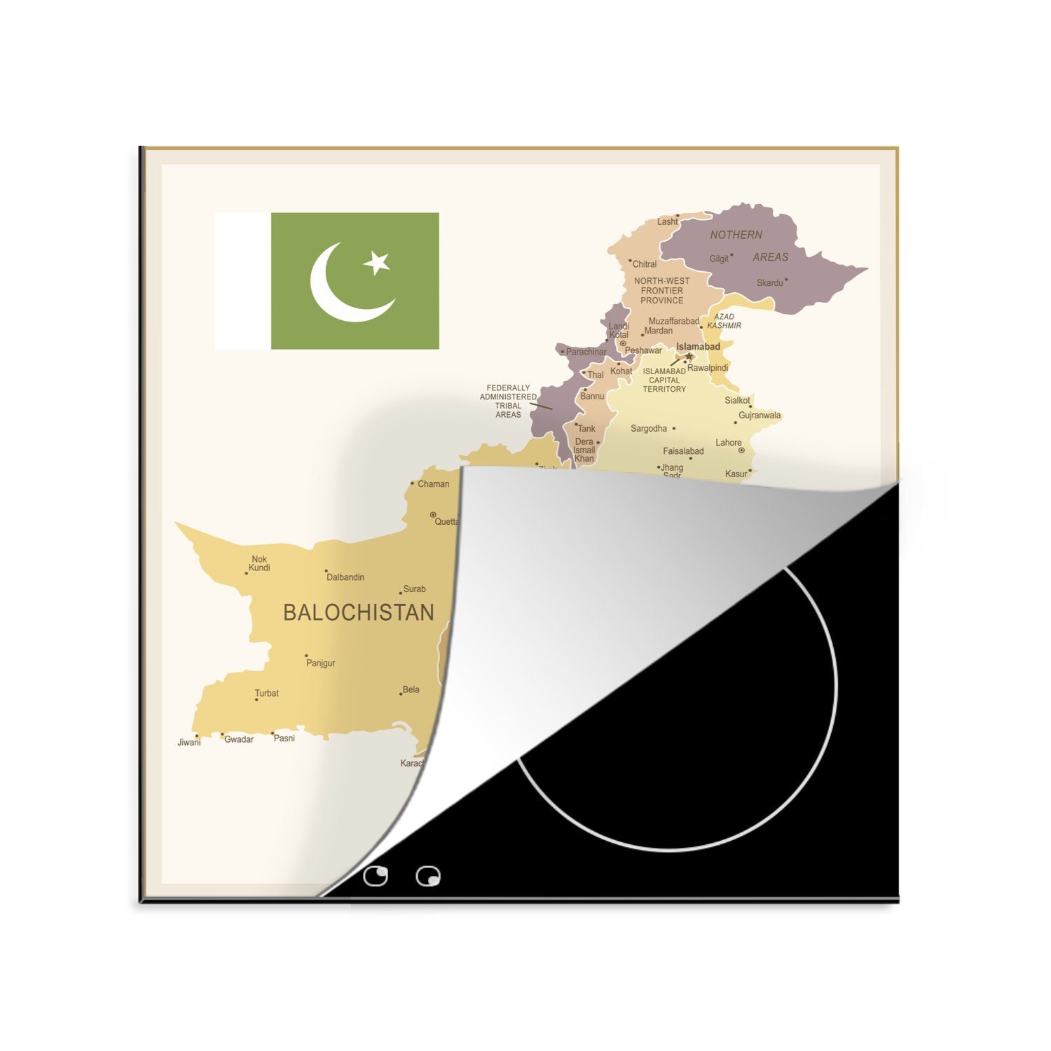 MuchoWow Herdblende-/Abdeckplatte Illustration einer bunten Karte von Pakistan, Vinyl, (1 tlg), 78x78 cm, Ceranfeldabdeckung, Arbeitsplatte für küche