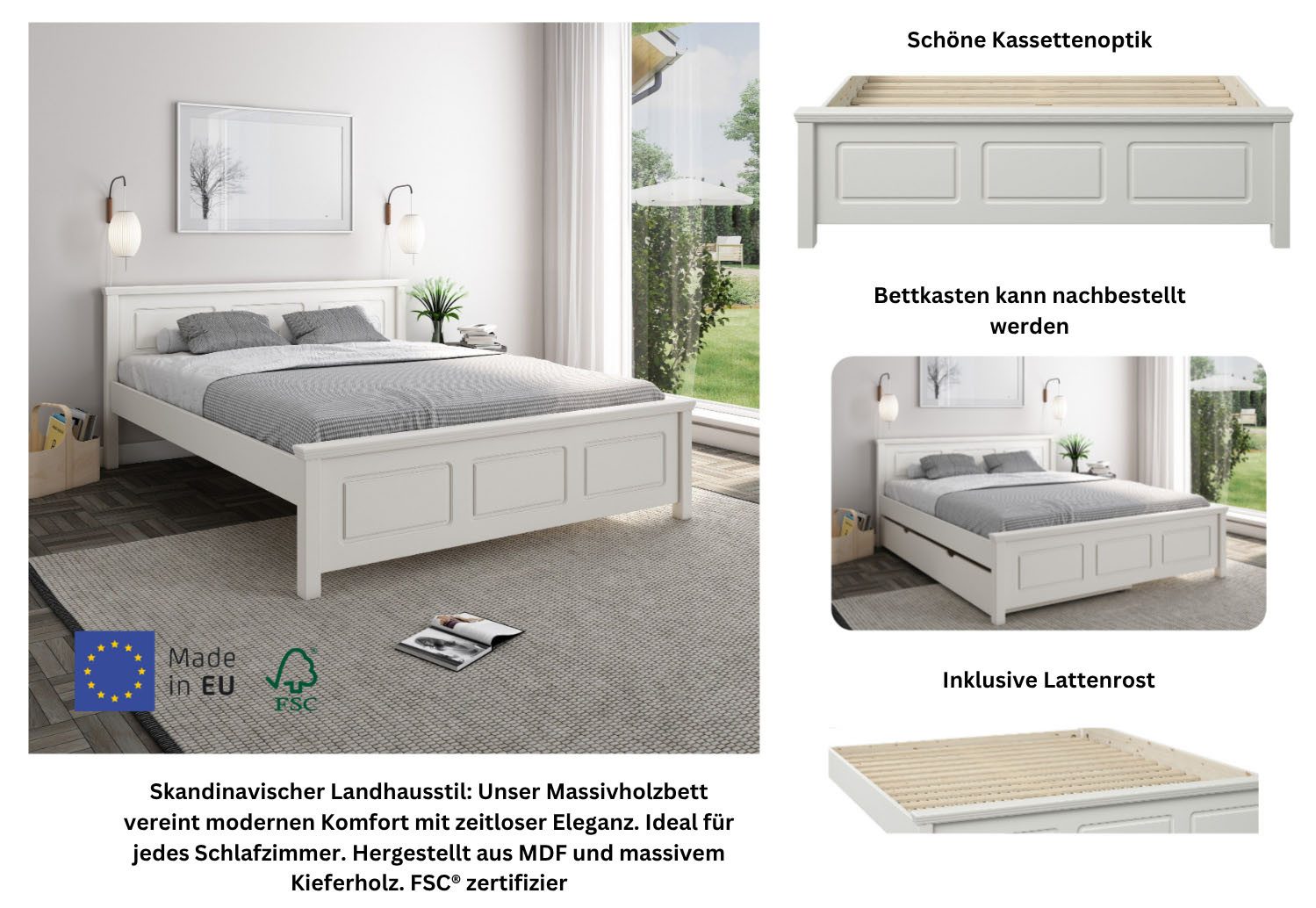 OTTO home Massivholzbett ERIK', Made in Europe, optional mit Schublade, Massivholz Kiefer (FSC® zertifiziert), in mehreren Größen, Landhausstil mit Kassettenoptik