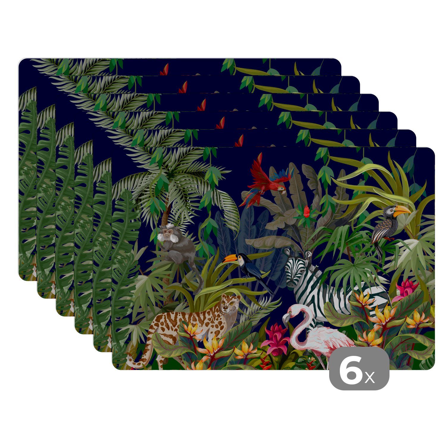MuchoWow Platzset Dschungeltiere - Natur - Jungen - Mädchen - Flamingo - Zebra, (6-St), Platzsets, Tischset, Abwaschbar, Tischsets, Platzdeckchen
