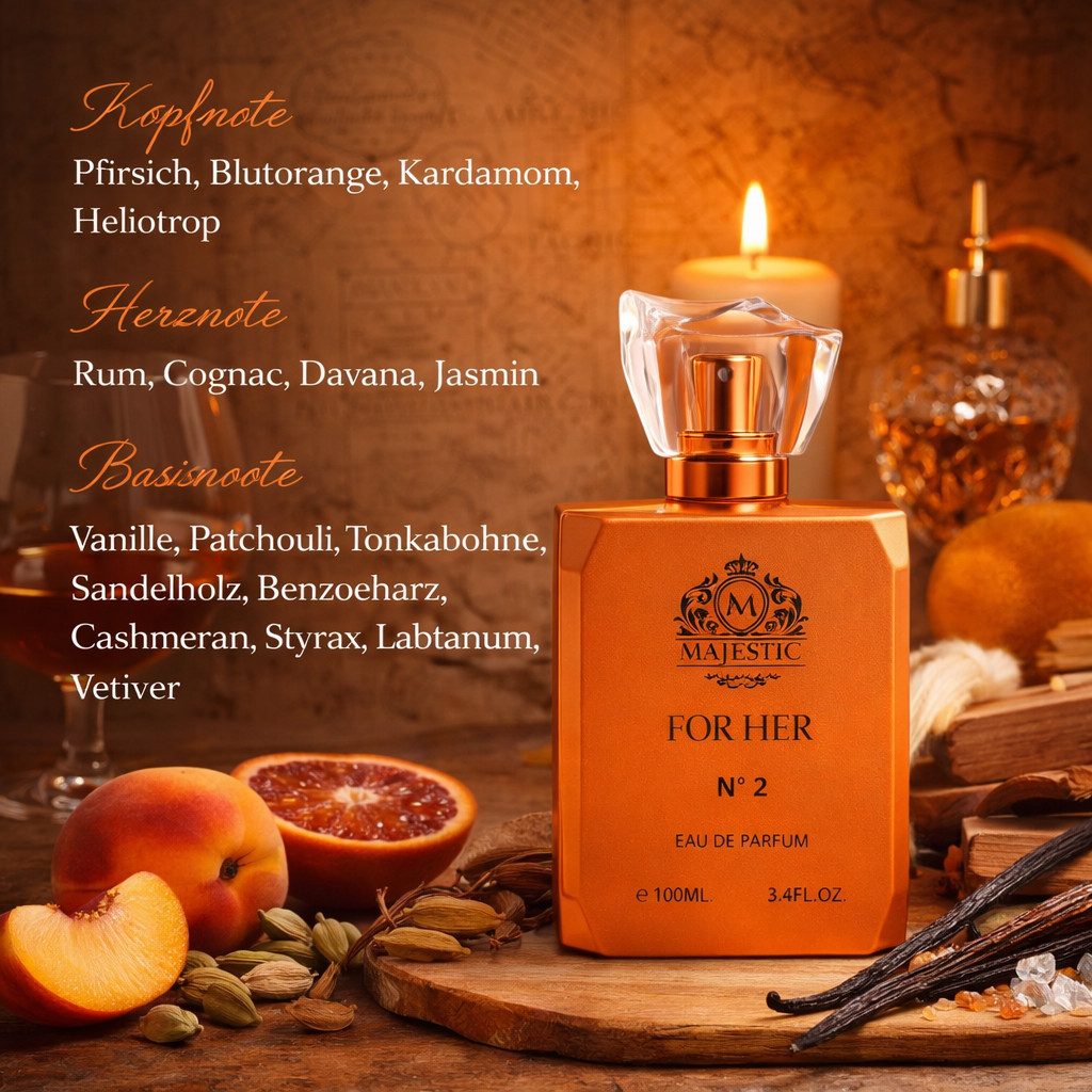 MAJESTIC LONDON Eau de Parfum Majestic No.2 for Her Damenduft Holzig, Warm,Würzig, Fruchtig 100 ml, 1-tlg., Hergestellt in UK, Luxuriöser Damenduft, Langanhaltend