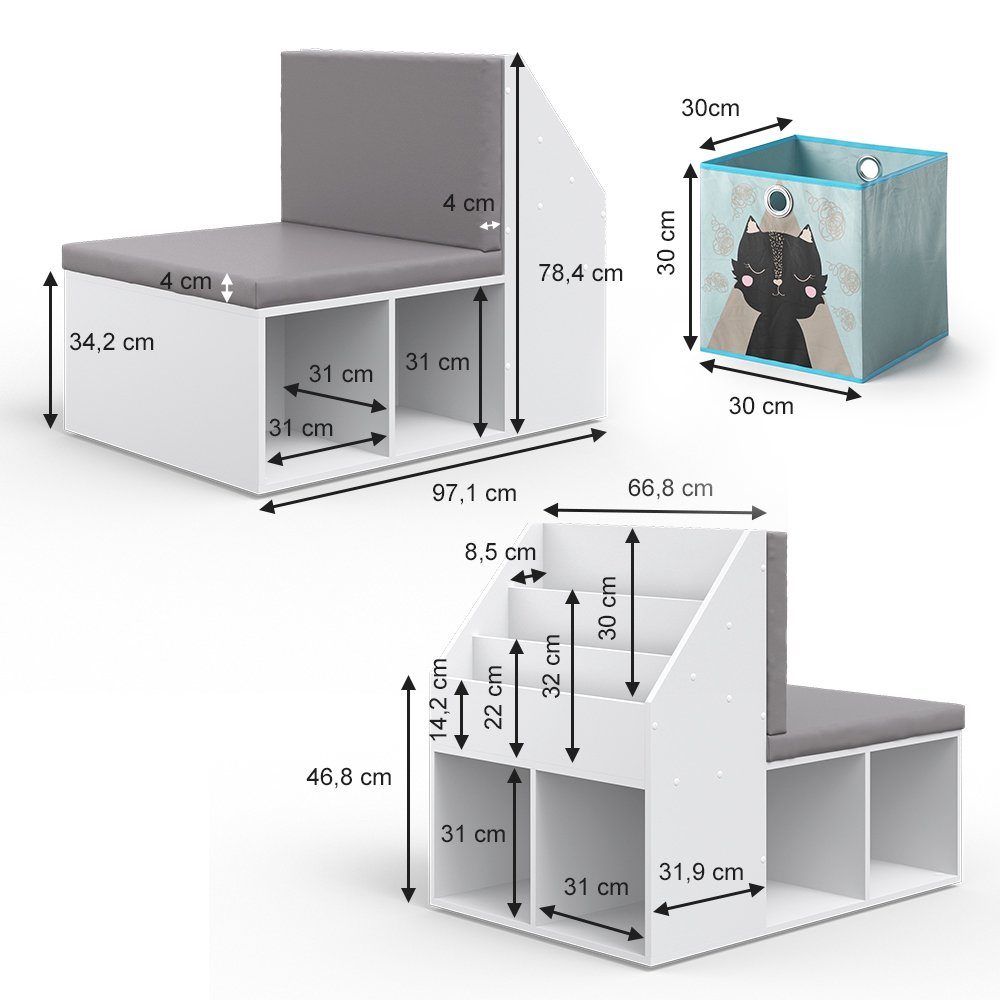 Vicco Bücherregal Onix, Grau, 97.1 x 78.4 cm mit 6 Faltboxen grau, 1-tlg.