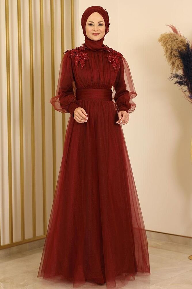fashionshowcase Tüllkleid Abendkleid mit Blumen Guipure-Details Abiye Abaya - Modest Fashion Maxilänge für besondere Anlässe