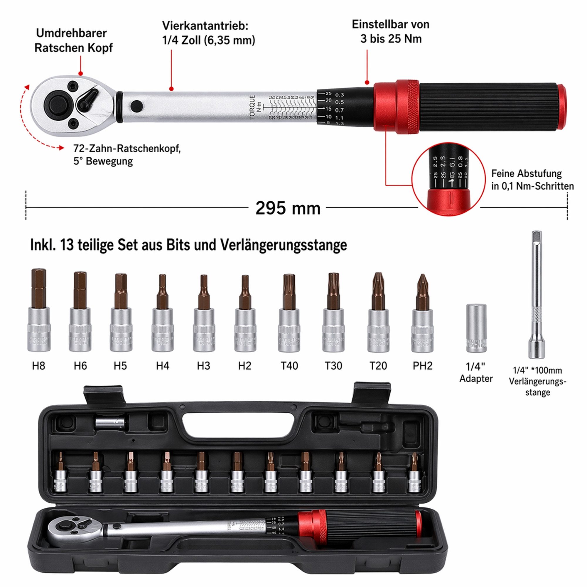 Mucola Drehmomentschlüssel Drehmomentschlüssel-Set 1/4" 3-25Nm 72 Zähne Wende Ratschenkopf (Set, 15 St., Stück), Antrieb 6,3 mm (1/4), Chrom-Vanadium-Stahl, inkl. Arbeitshandschuhe