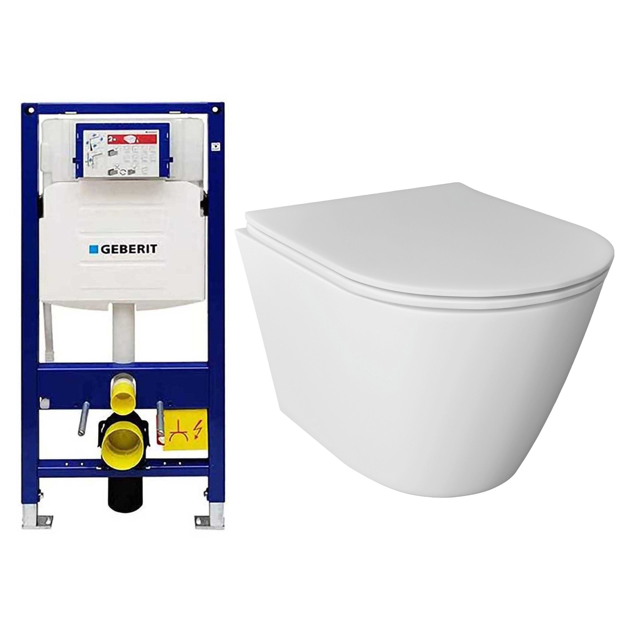 Alpenberger WC-Komplettset Spülrandloses WC – Toilette mit WC Deckel mit Absenkautomatik - Weiß, Wand Montage, (Toilettendeckel D Form Hänge WC Komplettset), Toilette mit Geberit Spülkasten WC Vorwandelement Set