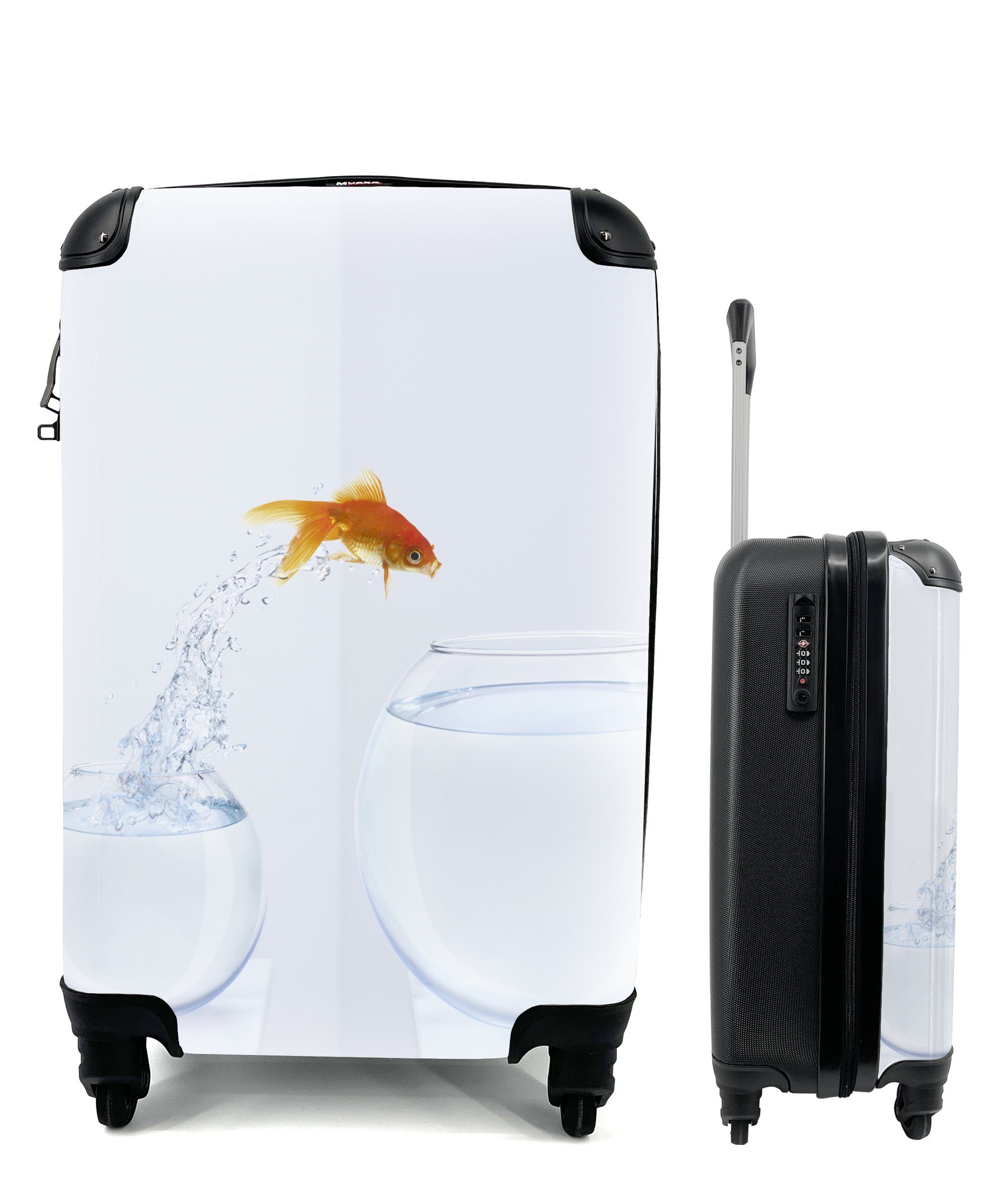 MuchoWow Handgepäckkoffer Goldfisch - Weiß - Fischglas, 4 Rollen, Reisetasche mit rollen, Handgepäck für Ferien, Trolley, Reisekoffer