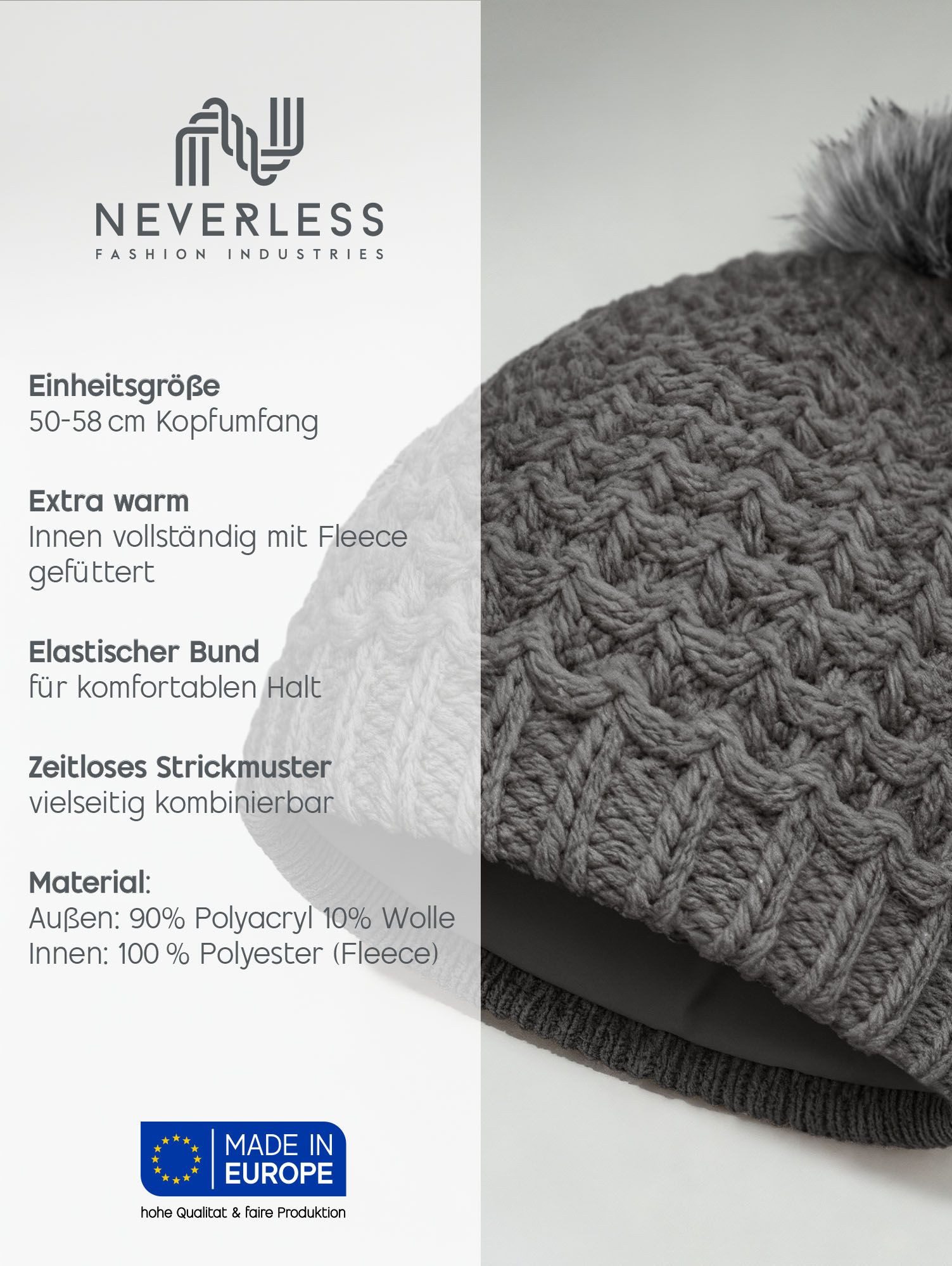 Neverless Strickmütze Damen Strickmütze Perlstrickmuster Pudelmütze Wintermütze ohne