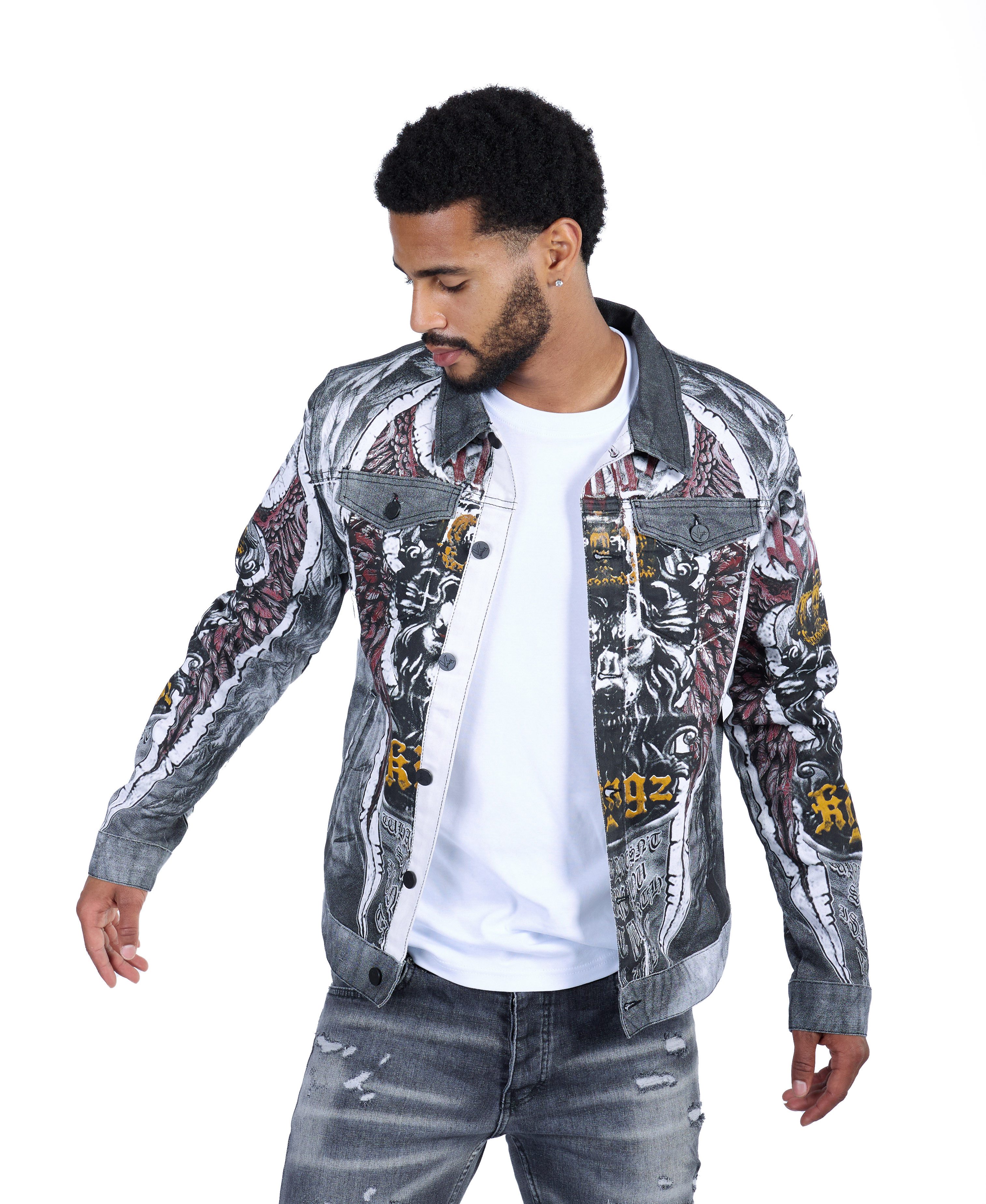 KINGZ Jeansjacke Designer Jeansjacke mit All-Over Print Weiß M
