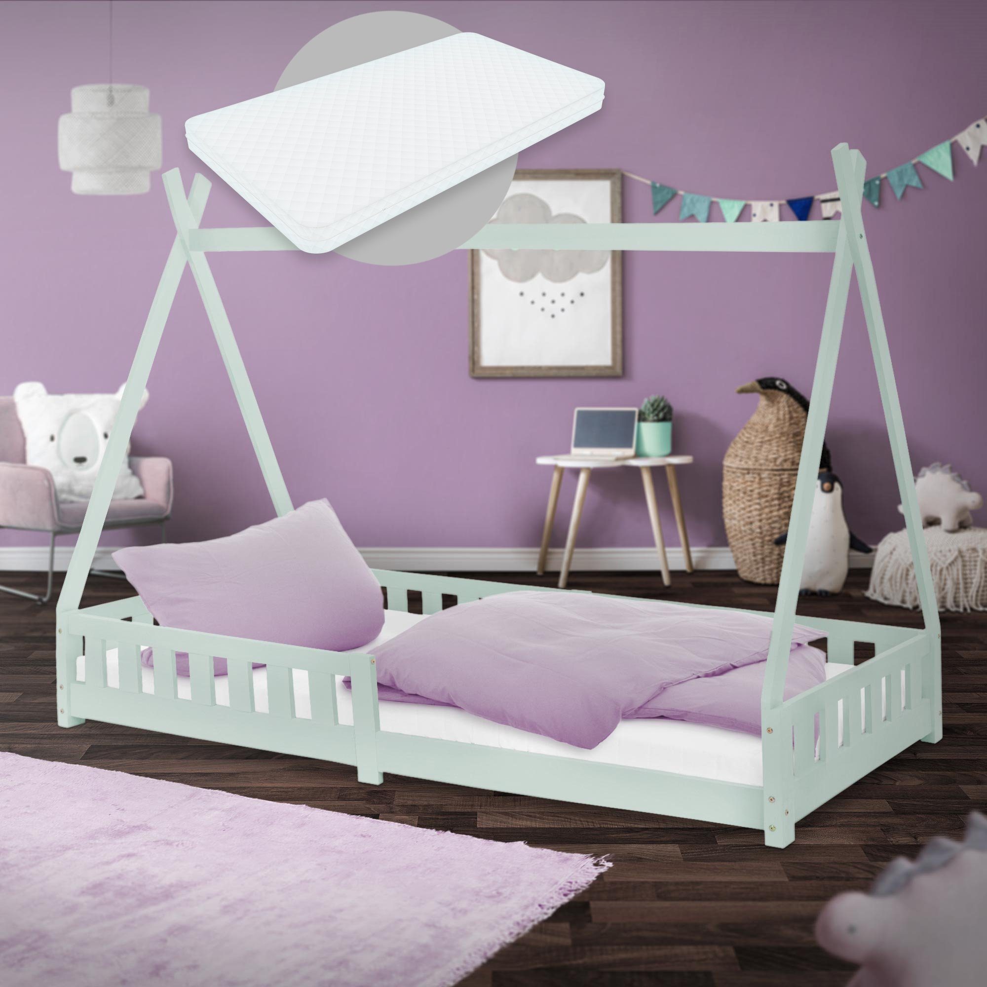 mit Kinderbett 90x200 cm und ML-DESIGN Matratze Rausfallschutz Kinderbett inkl. Lattenrost