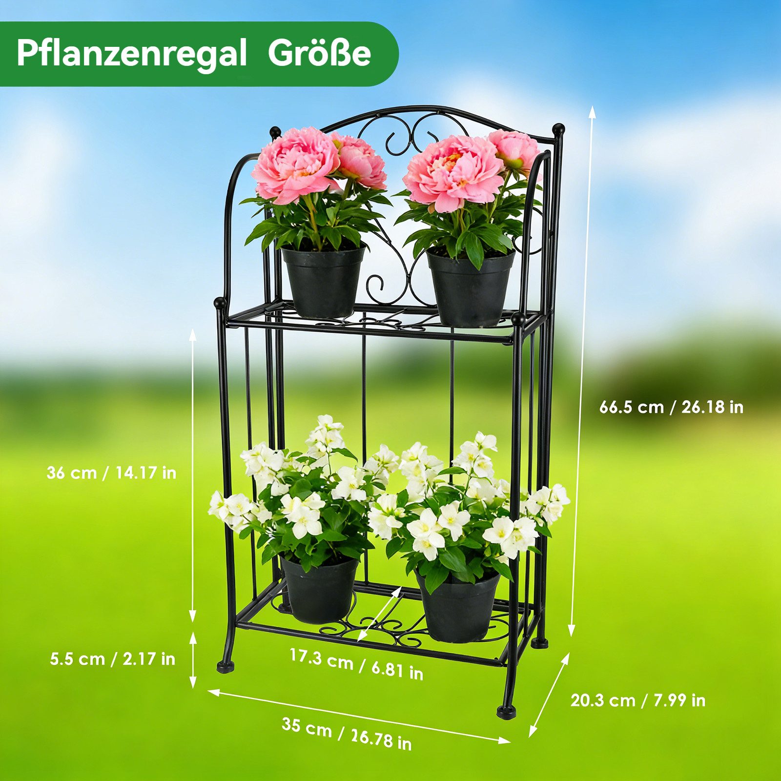 BlingBin Blumenständer Metall Pflanzenregal klappbar, Blumenregal mit 2 Ebenen für Balkon (1er Set, 1 St., 1tlg), Pflanzenständer für Balkon,Garten und Innenbereich,stabil & dekorativ