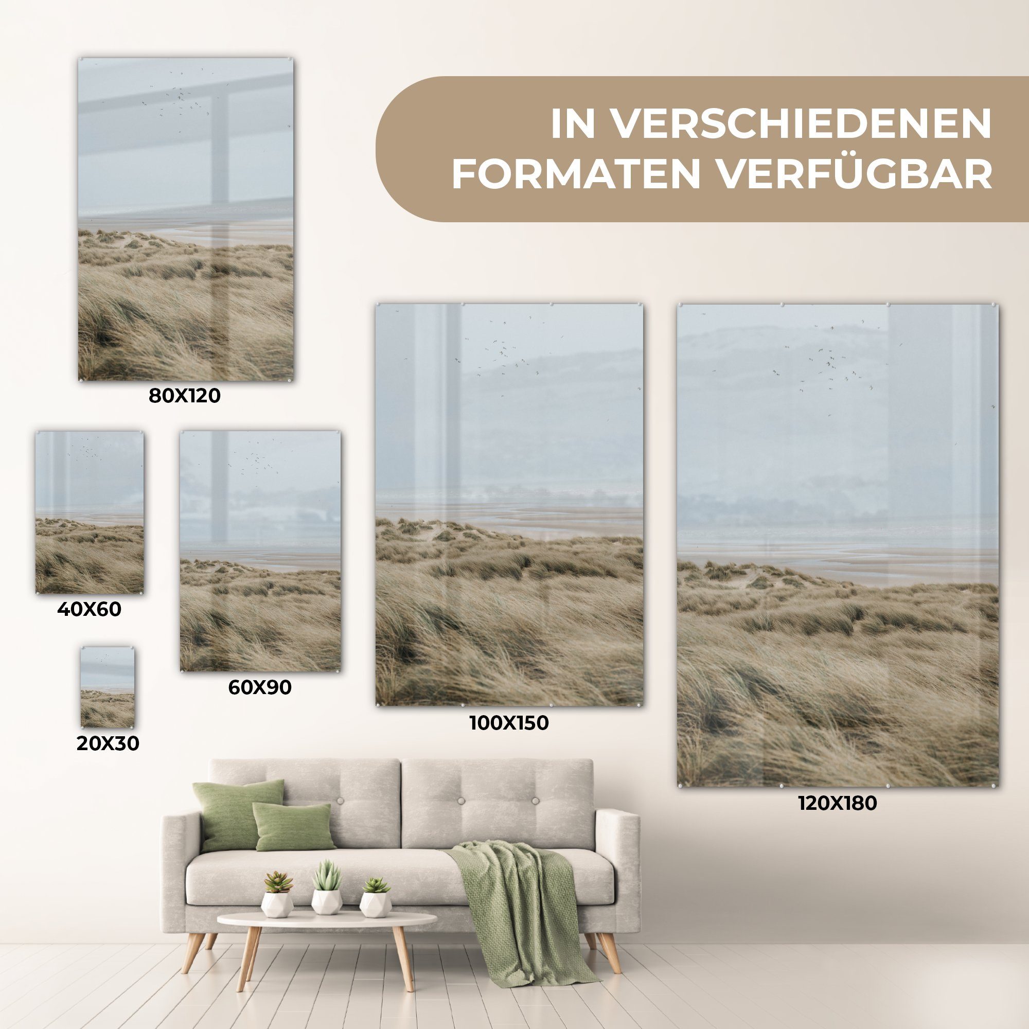 auf - Wanddekoration Glas MuchoWow Acrylglasbild St), Bilder Glas - Vogel, auf (1 Strand Glasbilder - Foto Wandbild - Düne -