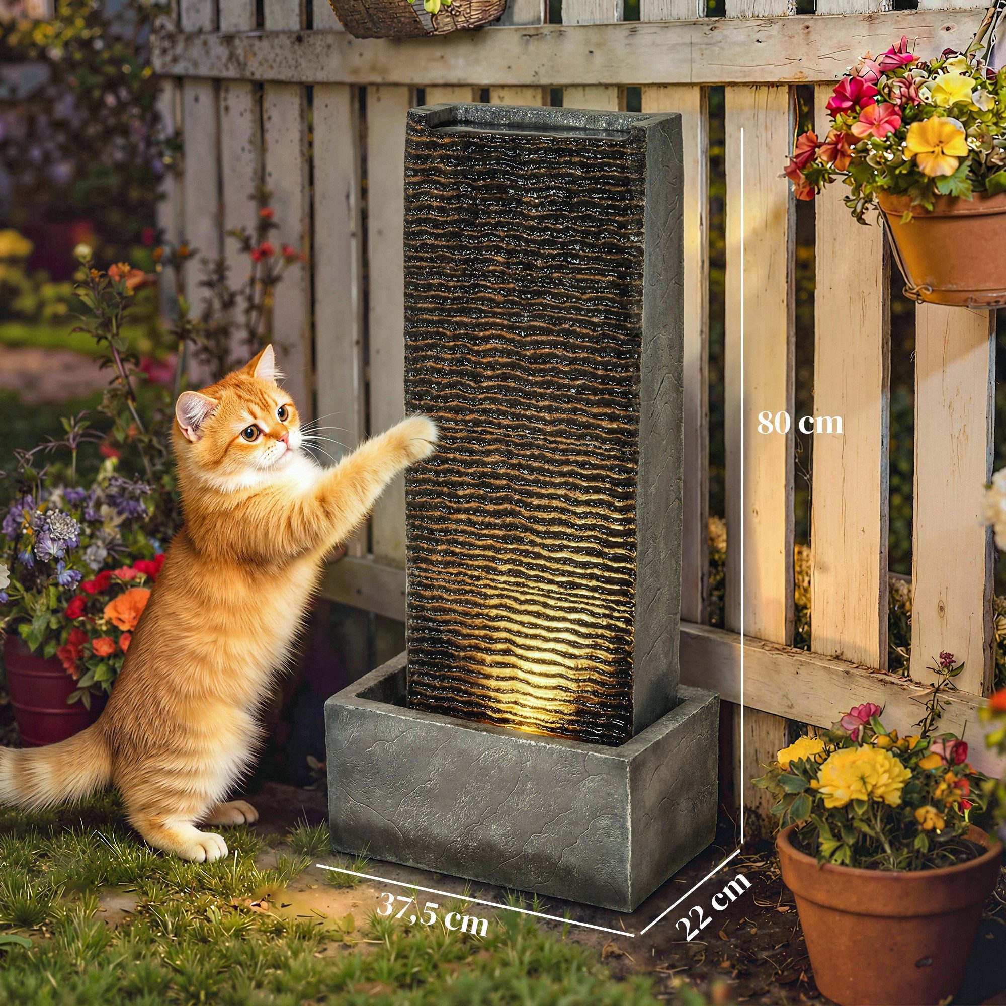 Outsunny Gartenbrunnen mit LED Beleuchtung, Pumpe, Granitoptik, 37.5 cm Breite, Wasserbecken BxT: 22x22 cm, (Springbrunnen, 1 tlg., Zimmerbrunnen), für Garten Rasen 37,5 x 22 x 80 cm
