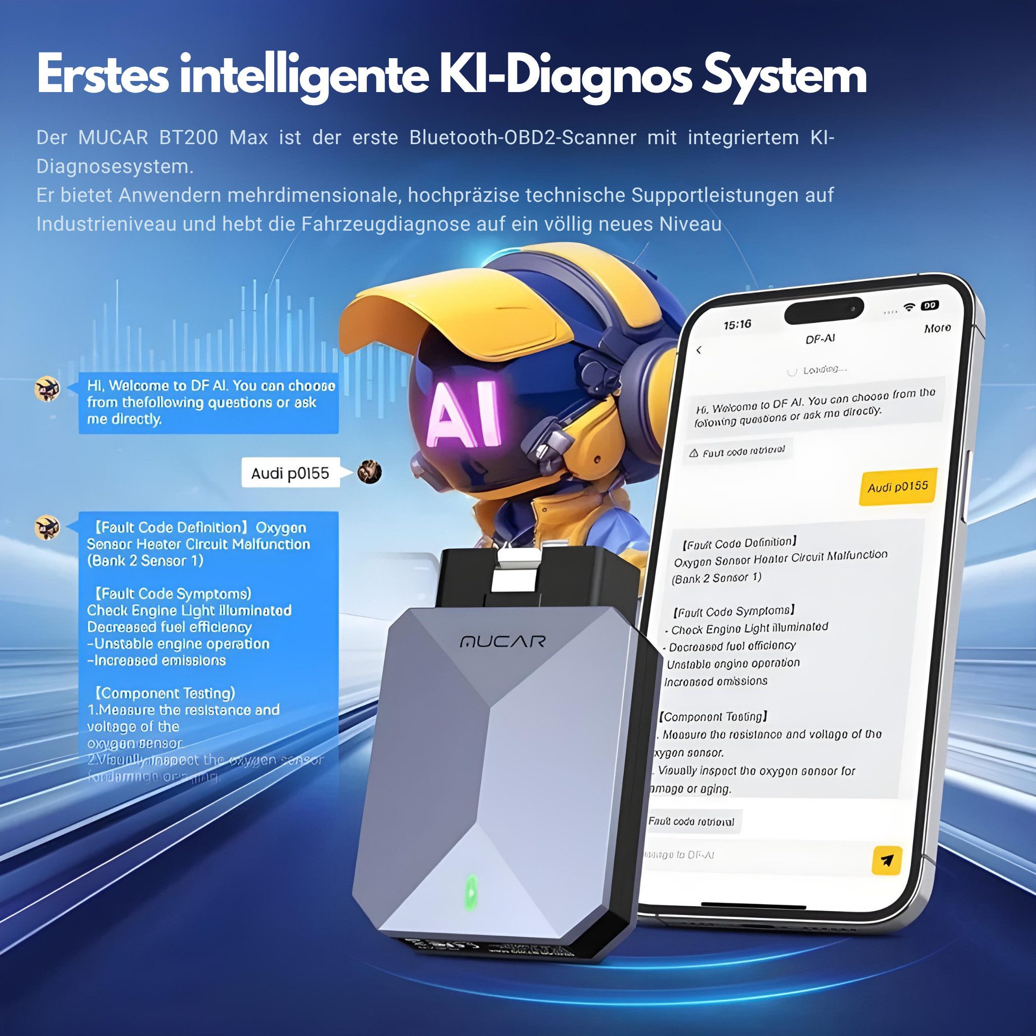 MUCAR OBD2-Diagnosegerät OBD Tester OBD2 Bluetooth Auto Diagnosegerät mit CAN FD & 15 Reset, Komplett-Set, Komplett-Set, Intelligentes KI-Diagnosegerät, Wireless
