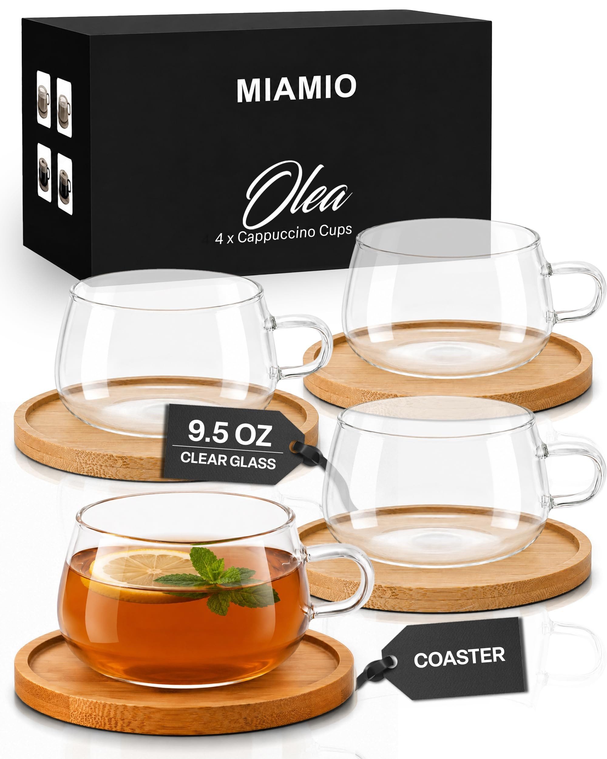 MiaMio Cappuccinotasse Olea, 280 ml, 4-tlg., Glas, mit Bambus-Untersetzer
